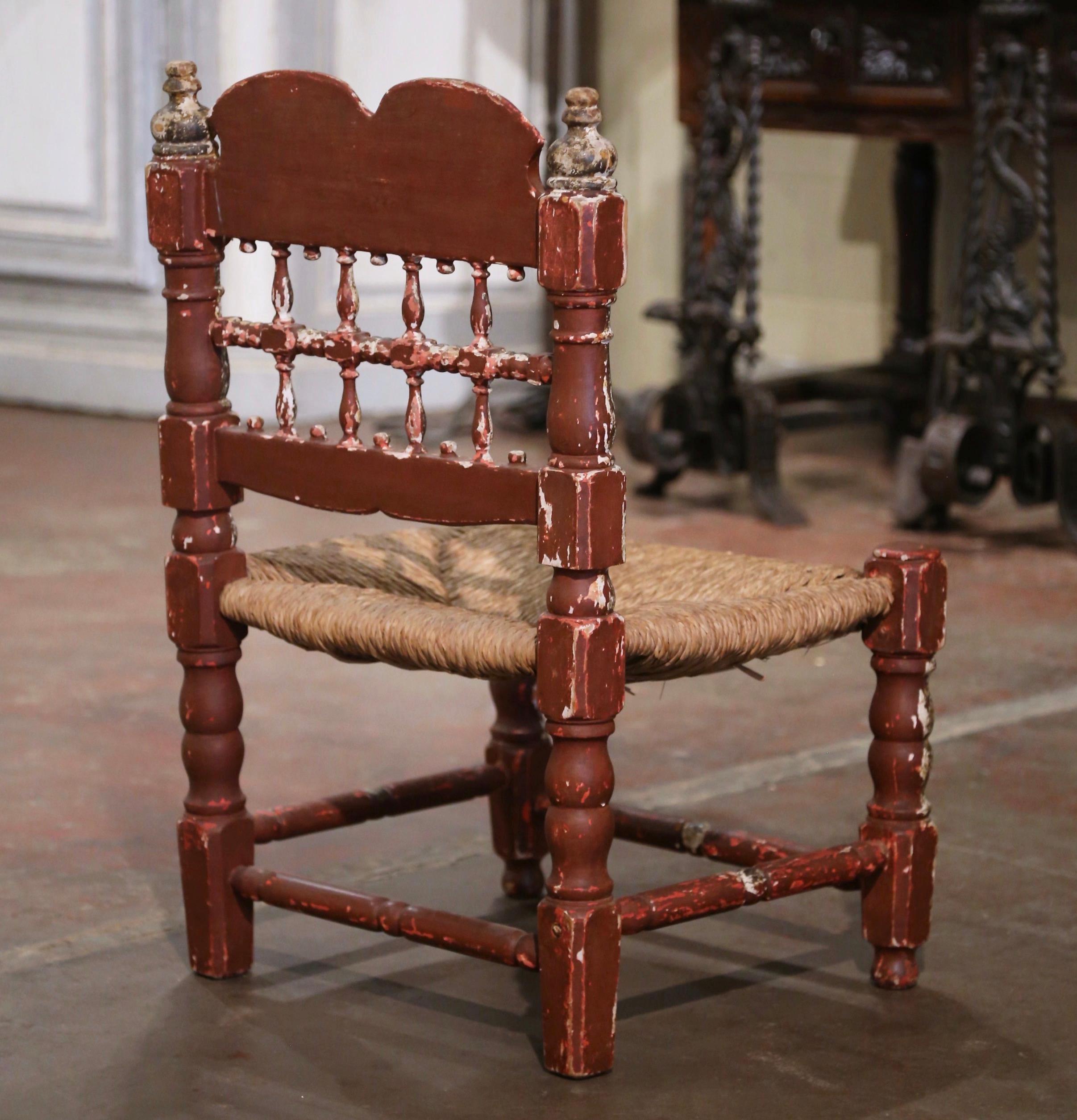 19th Century Spanish Catalan Painted Oak and Rush Seat Low Chair For Sale 2