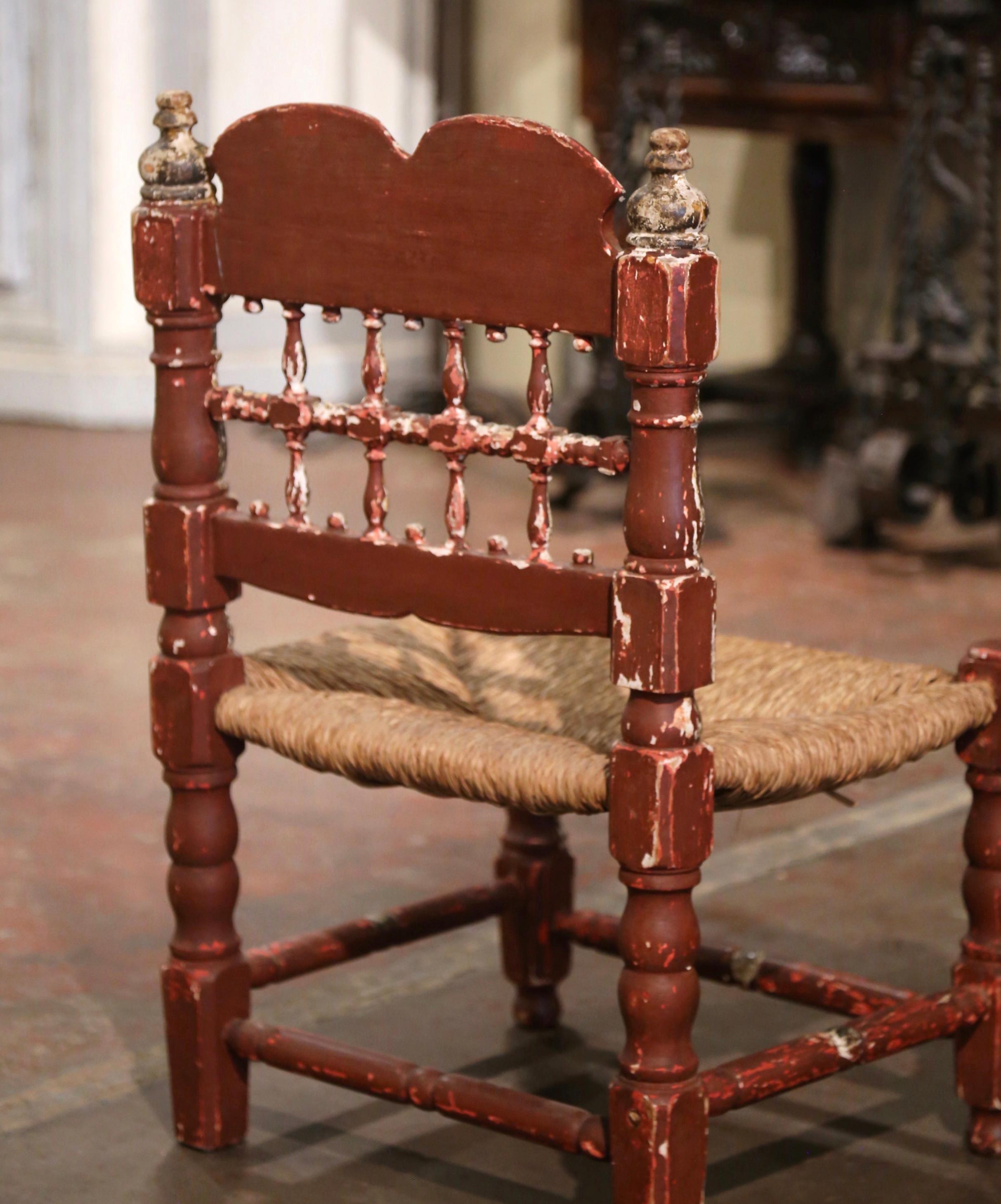 19th Century Spanish Catalan Painted Oak and Rush Seat Low Chair For Sale 3