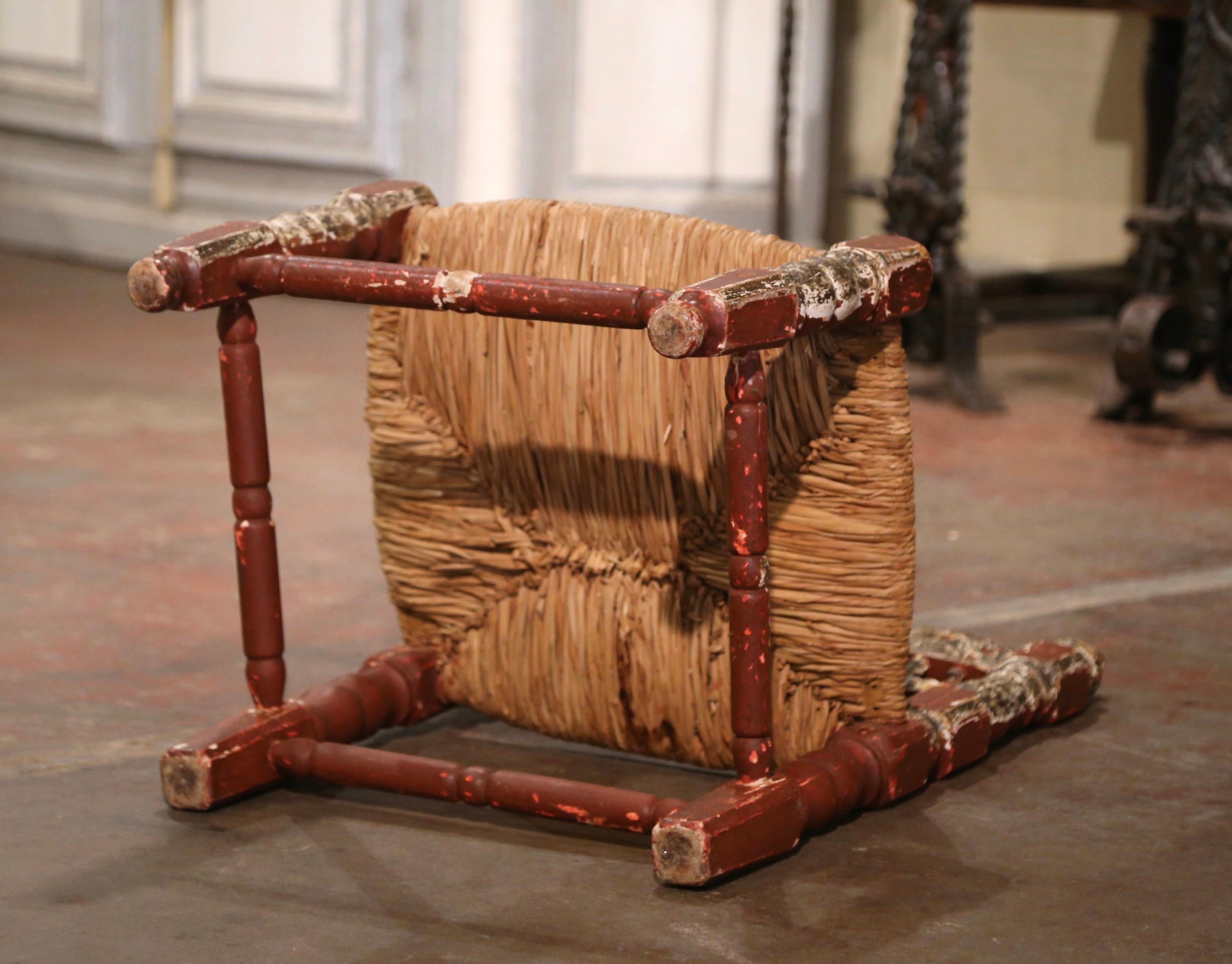 19th Century Spanish Catalan Painted Oak and Rush Seat Low Chair For Sale 4
