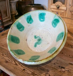19th Century Spanish Ceramic Basin hand painted and Glazed in Green Tones