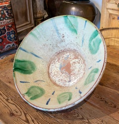 19th Century Spanish Ceramic Basin hand painted and Glazed in Green Tones