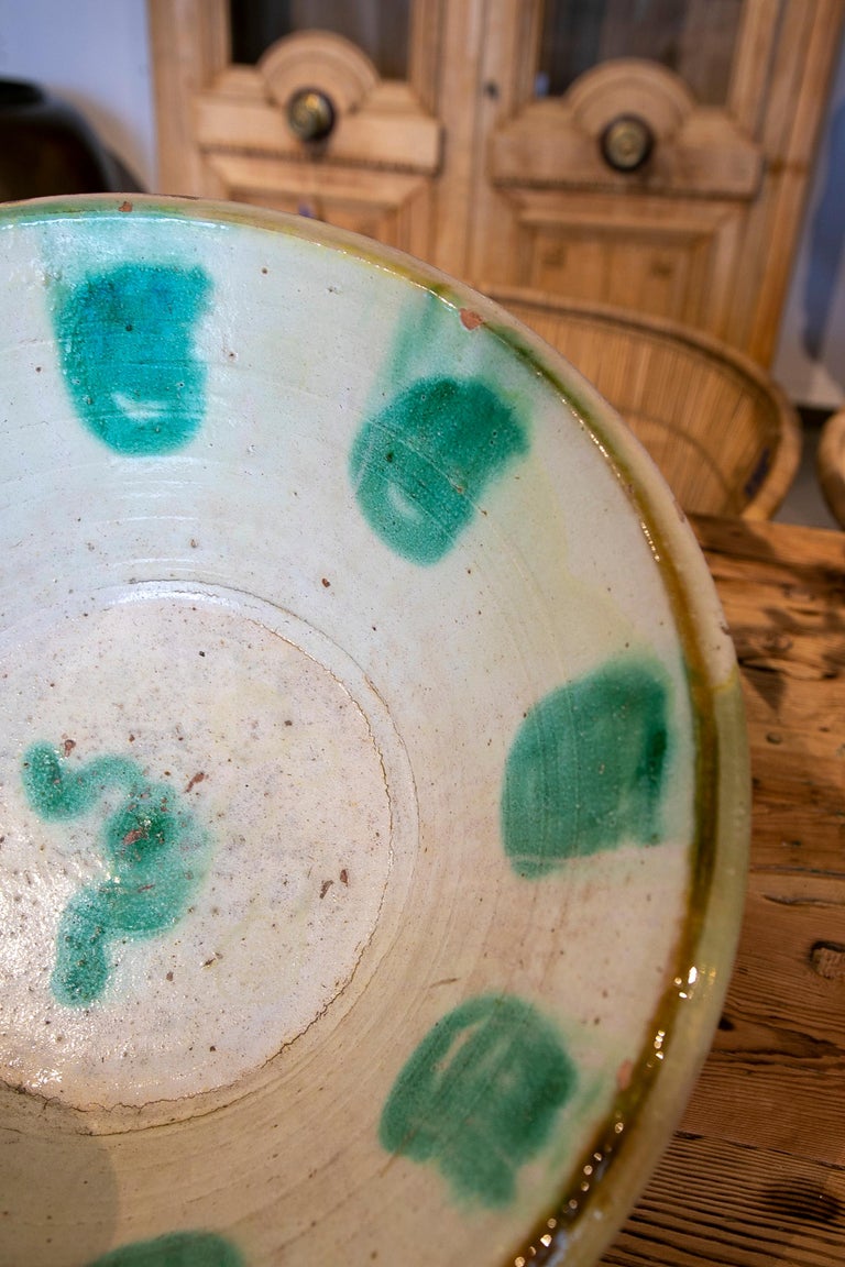 19th Century Spanish Ceramic Basin hand painted and Glazed in Green