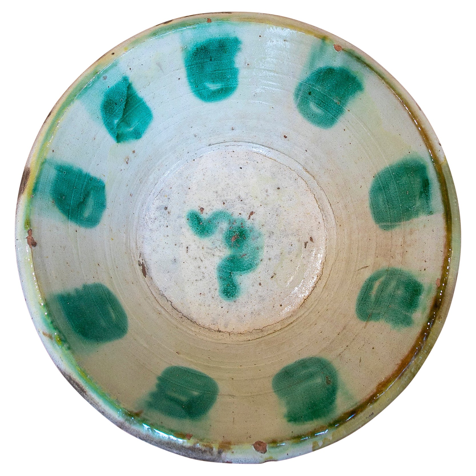 19th Century Spanish Ceramic Basin hand painted and Glazed in Green Tones