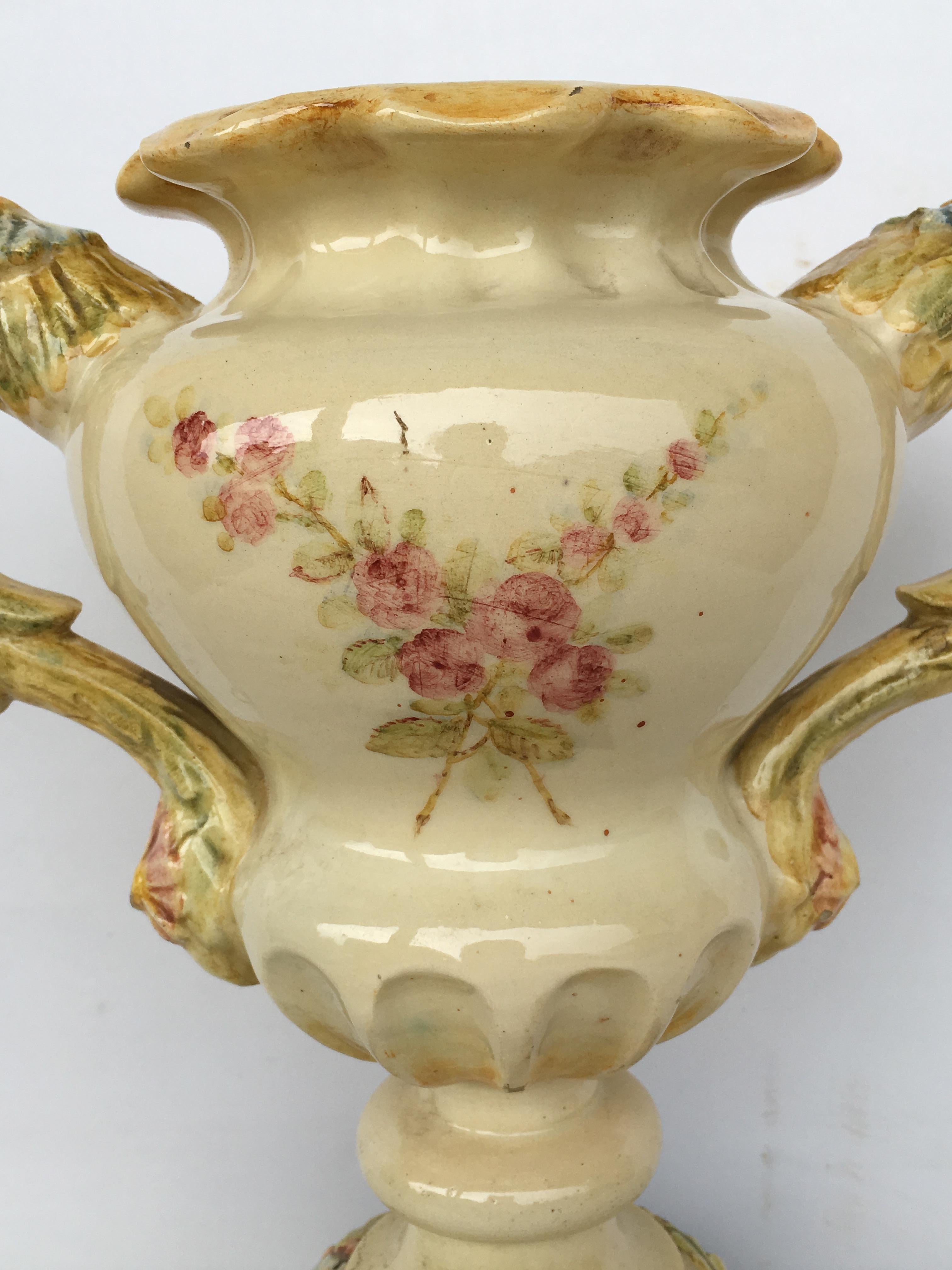 Neoclassical 19th Century Spanish Ceramic Floral Urn with Two Handles and Carved Wood Base For Sale