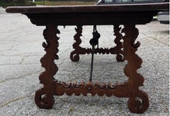 19th Century Spanish Walnut and Wrought Iron Trestle Table