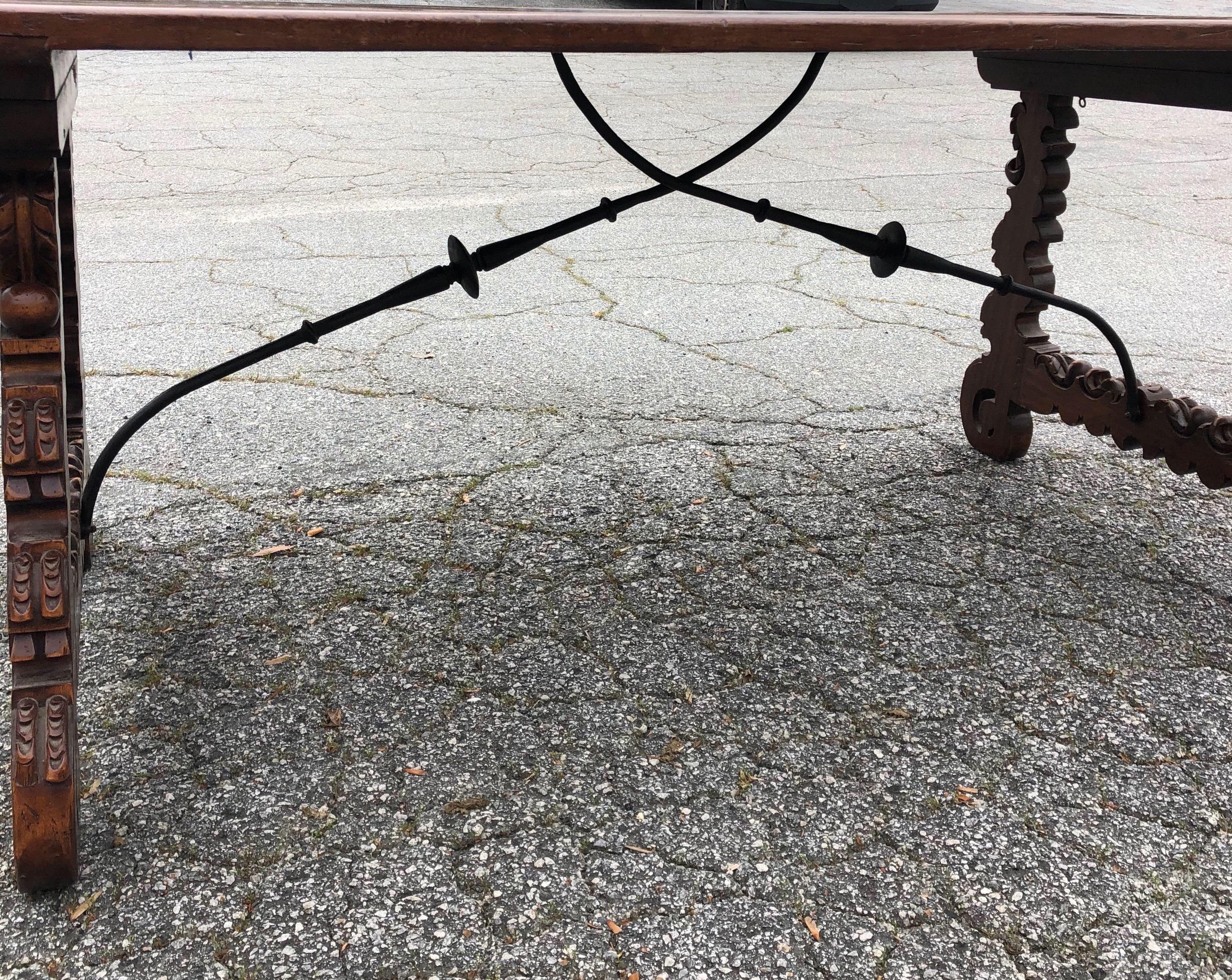 19th Century Spanish Walnut and Wrought Iron Trestle Table In Good Condition In Charleston, SC
