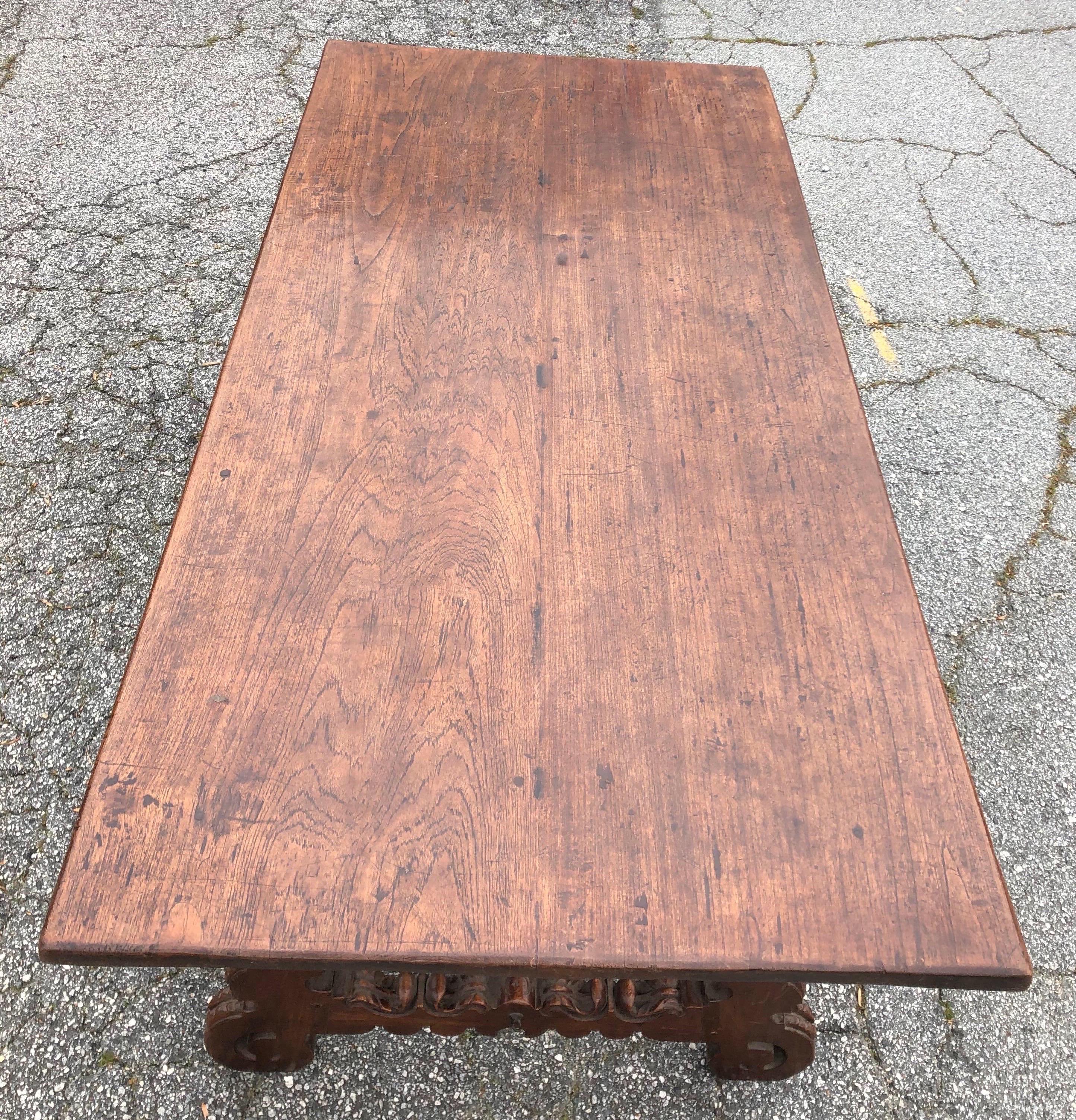 19th Century Spanish Walnut and Wrought Iron Trestle Table 1