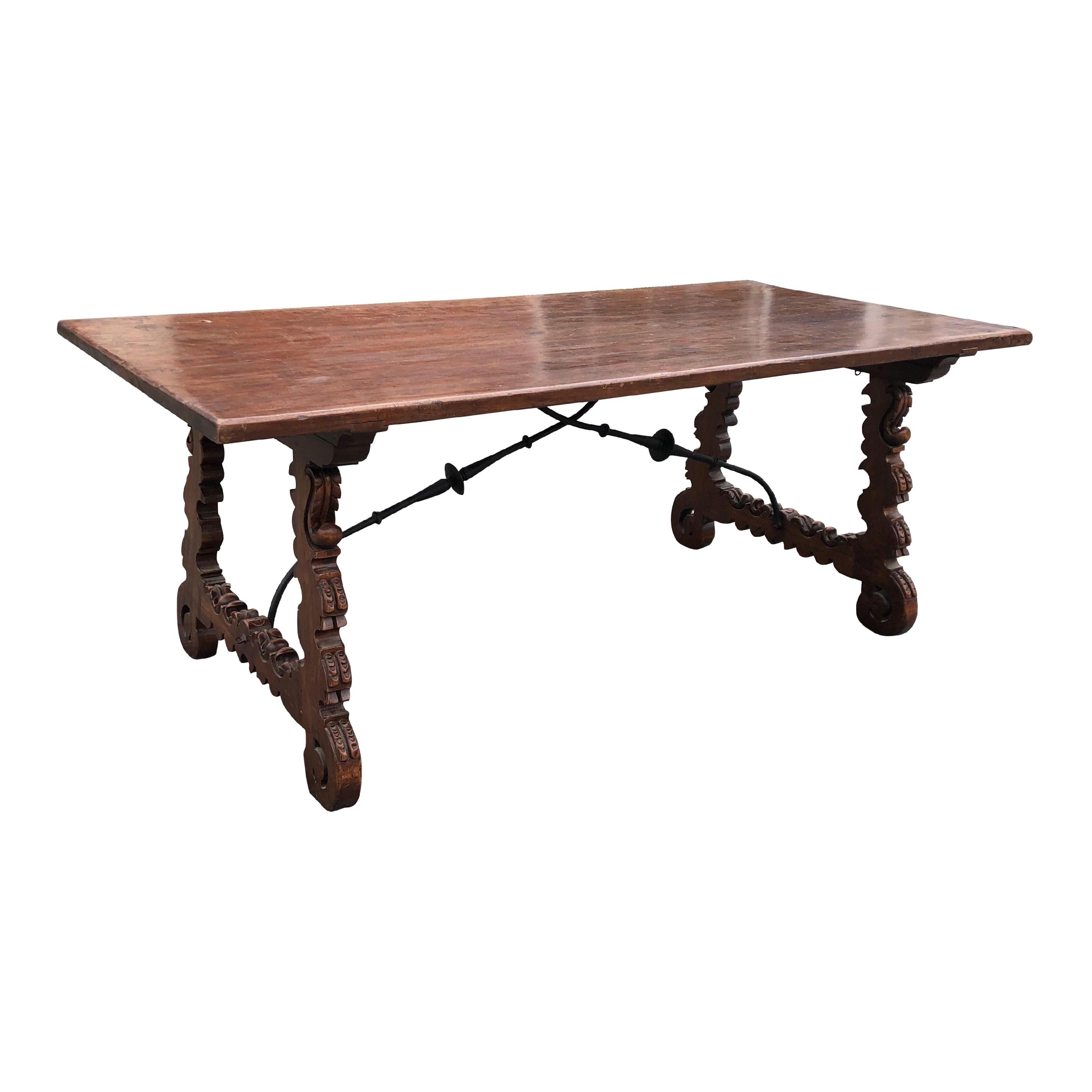 19th Century Spanish Walnut and Wrought Iron Trestle Table
