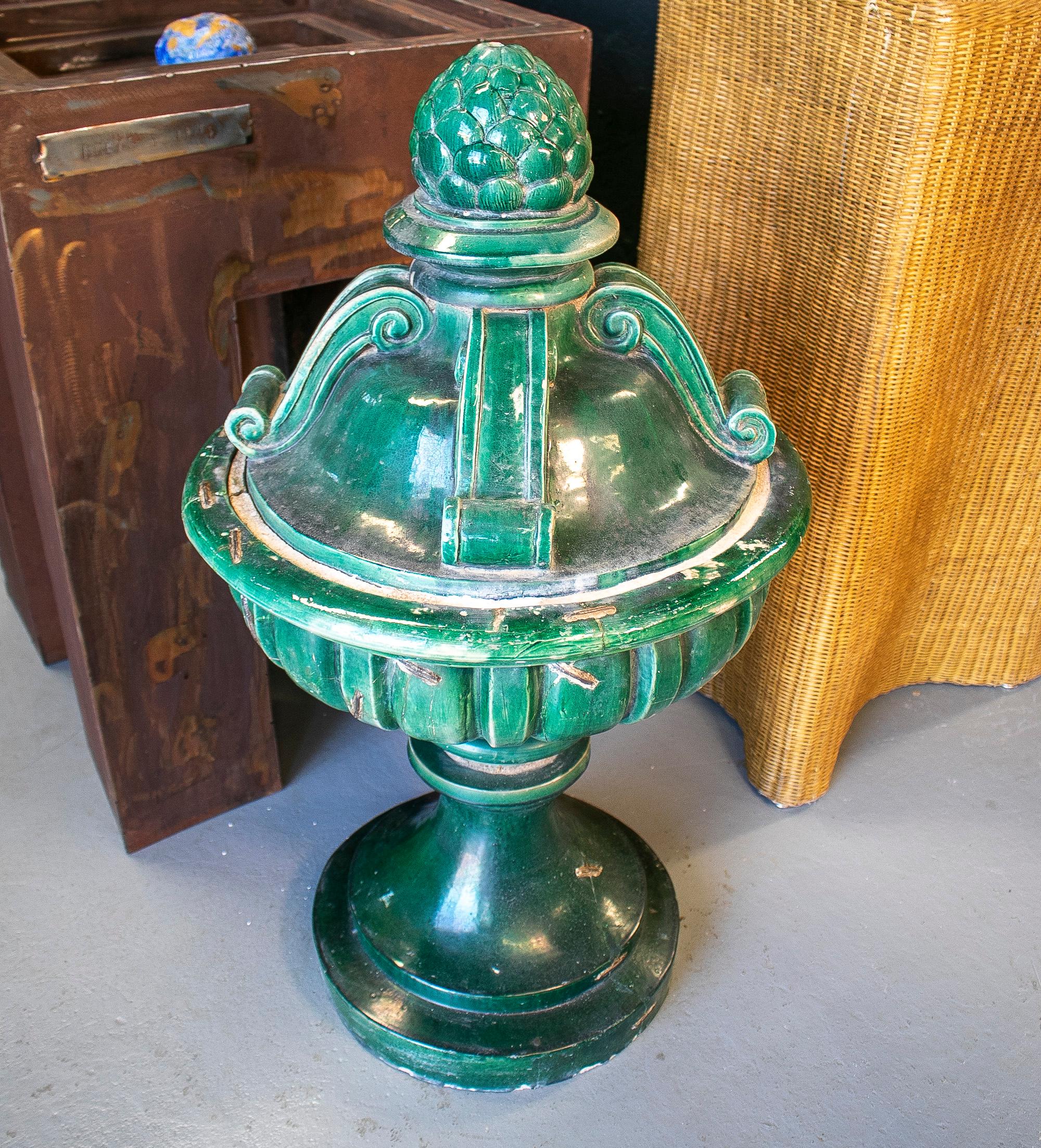 19th century Spanish classical green glazed terracotta finial repaired with iron staples.