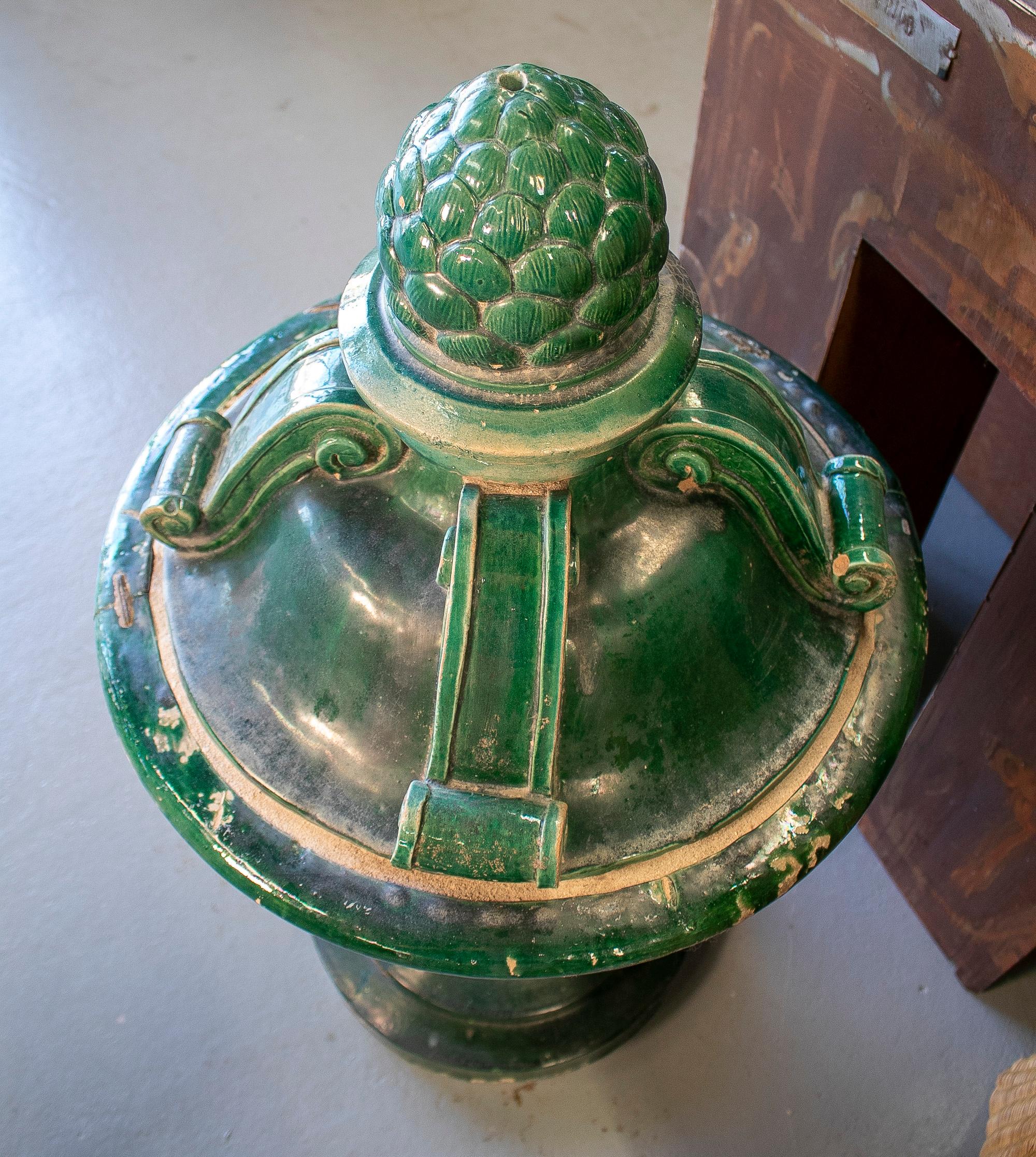 Ceramic 19th Century Spanish Classical Green Glazed Terracotta Finial For Sale
