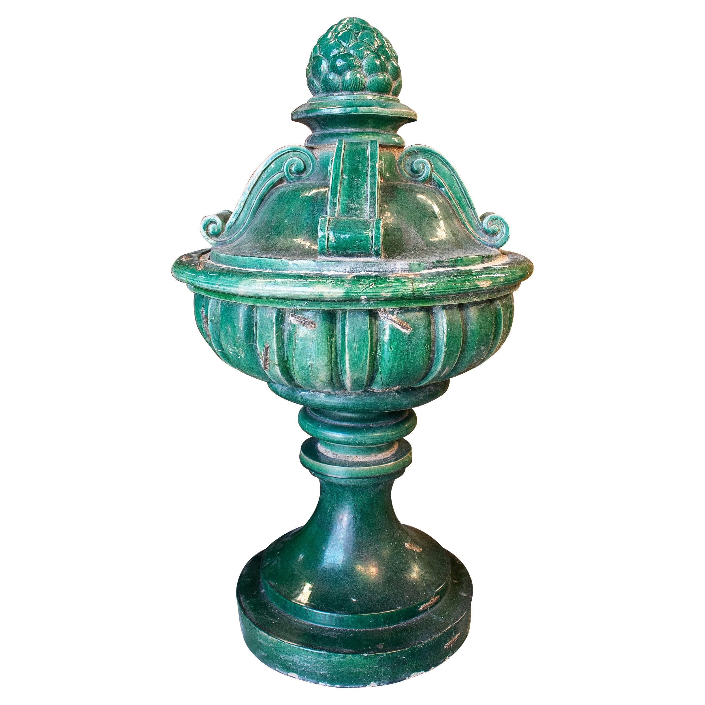 19th Century Spanish Classical Green Glazed Terracotta Finial For Sale