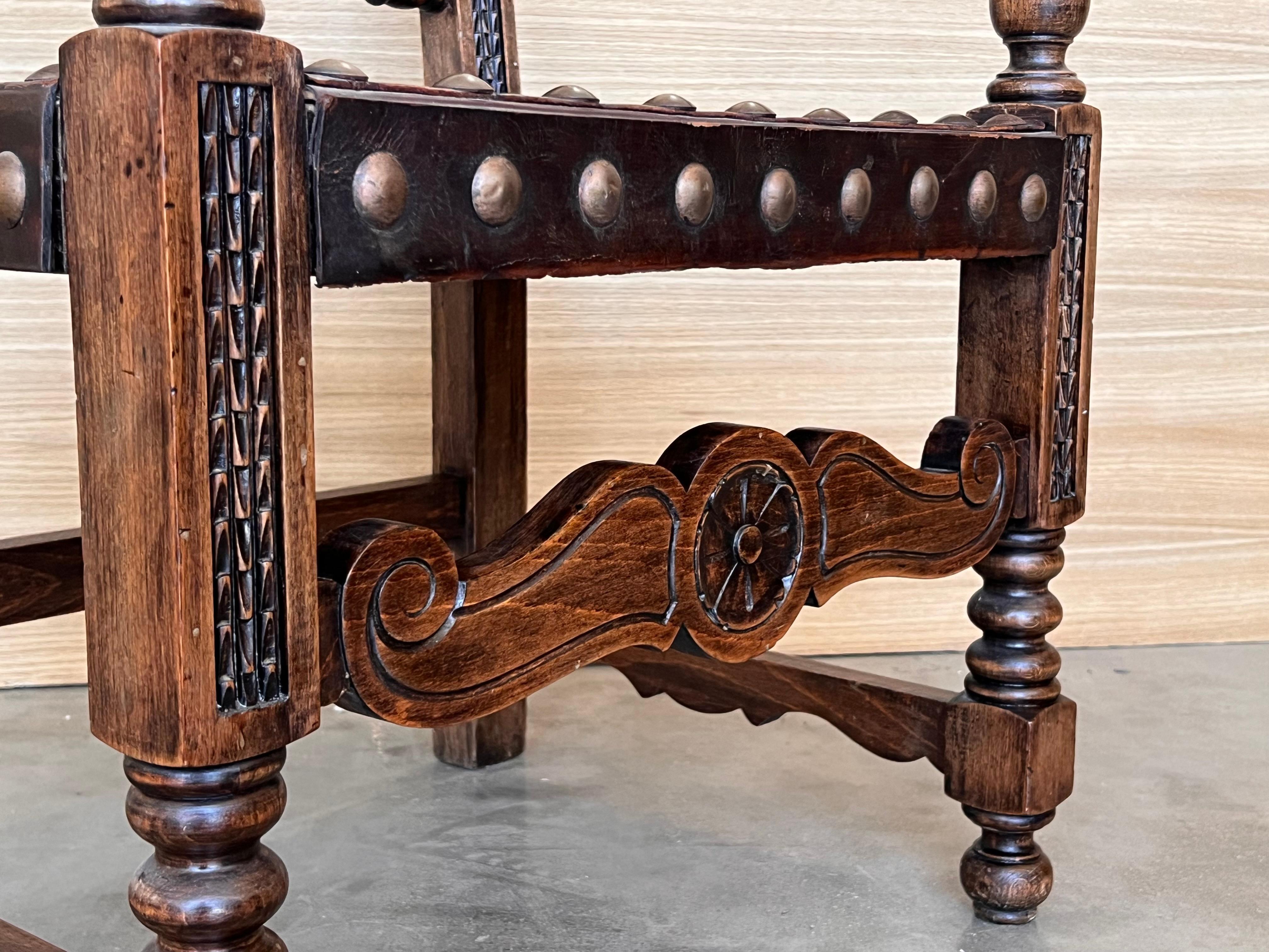 19th Century Spanish Colonial Altar Carved Armchair with Leather Seat and Back For Sale 8