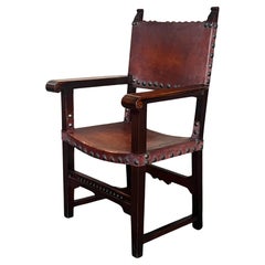 19th Century Spanish Colonial Altar Carved Armchair with Leather Seat and Back