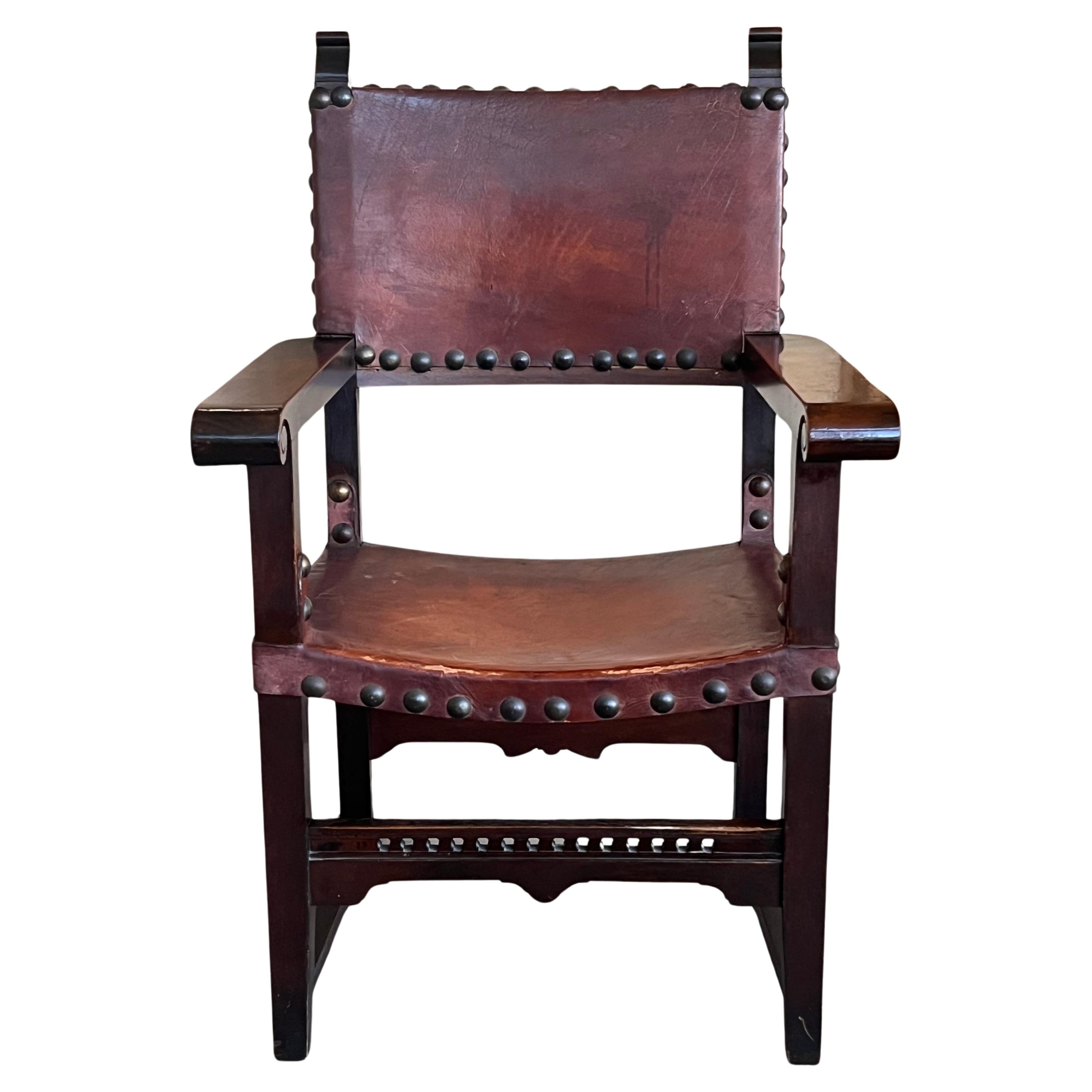 19th Century Spanish Colonial Altar Carved Armchair with Leather Seat and Back For Sale
