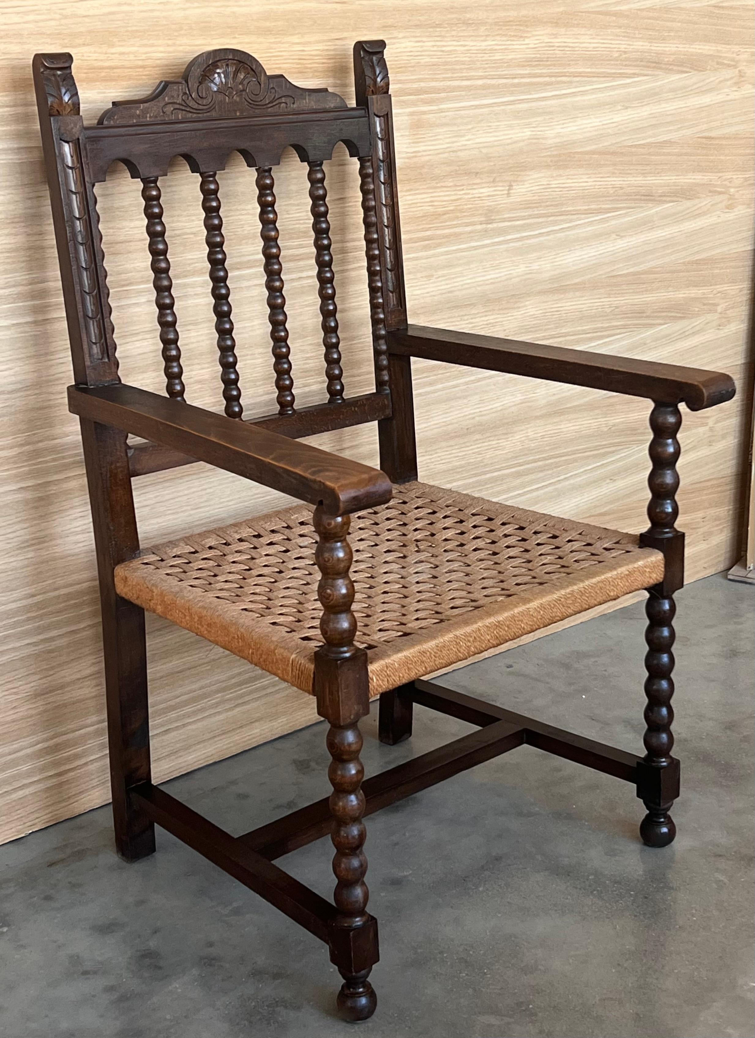 Hand-Carved 19th Century Spanish Colonial Altar Carved Armchairs with Cane Seat, Set of 4 For Sale