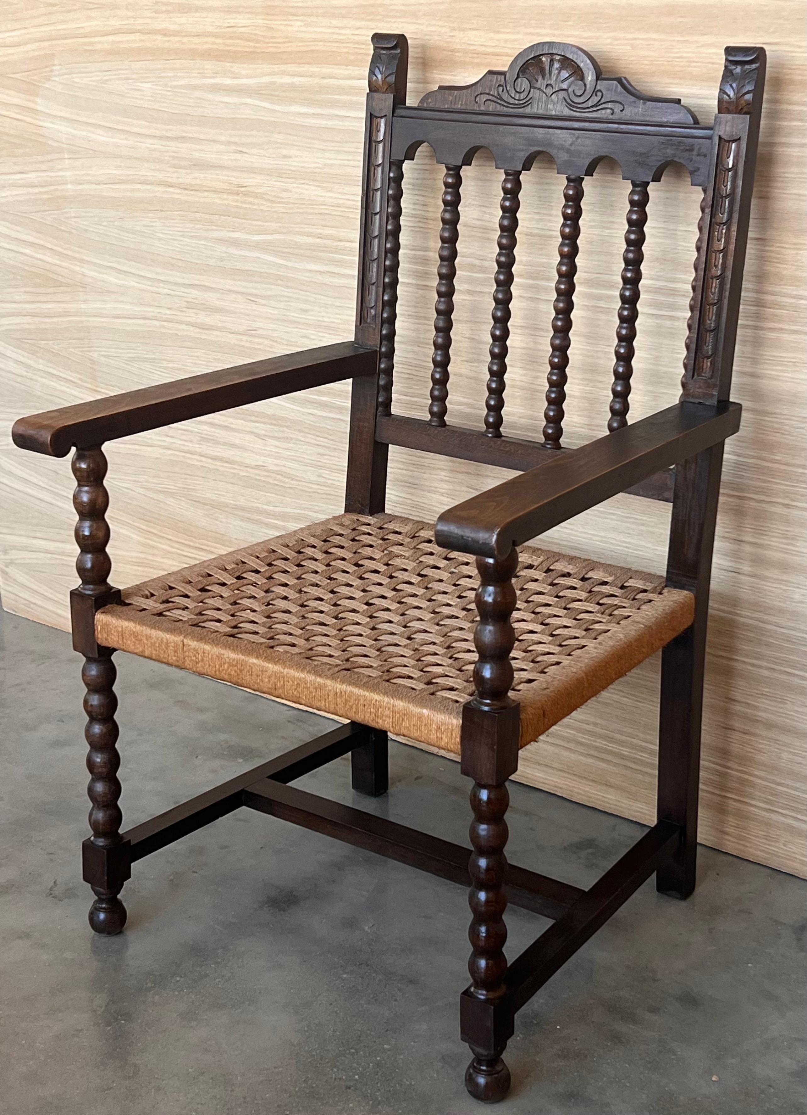 19th Century Spanish Colonial Altar Carved Armchairs with Cane Seat, Set of 4 In Good Condition For Sale In Miami, FL