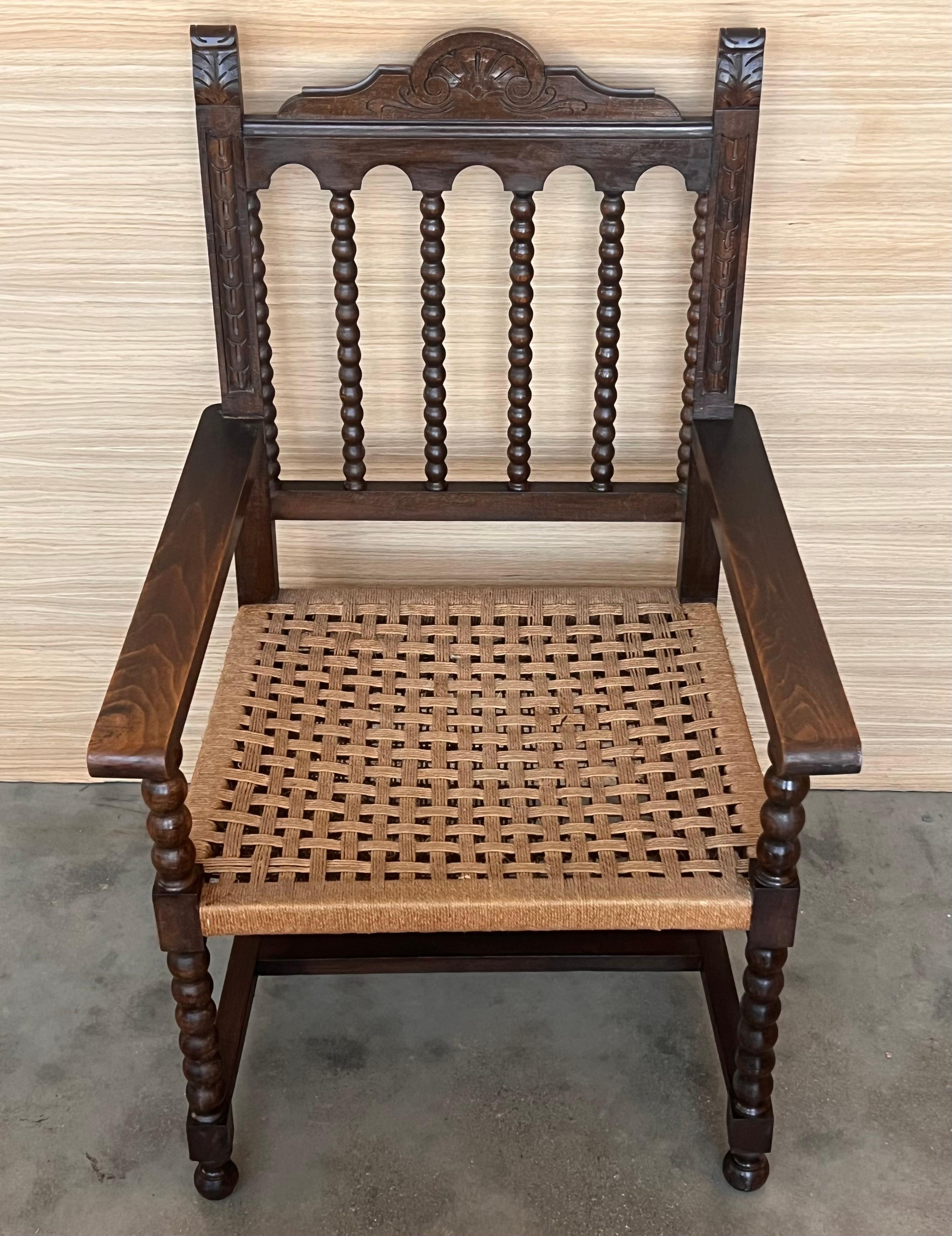 Walnut 19th Century Spanish Colonial Altar Carved Armchairs with Cane Seat, Set of 4 For Sale
