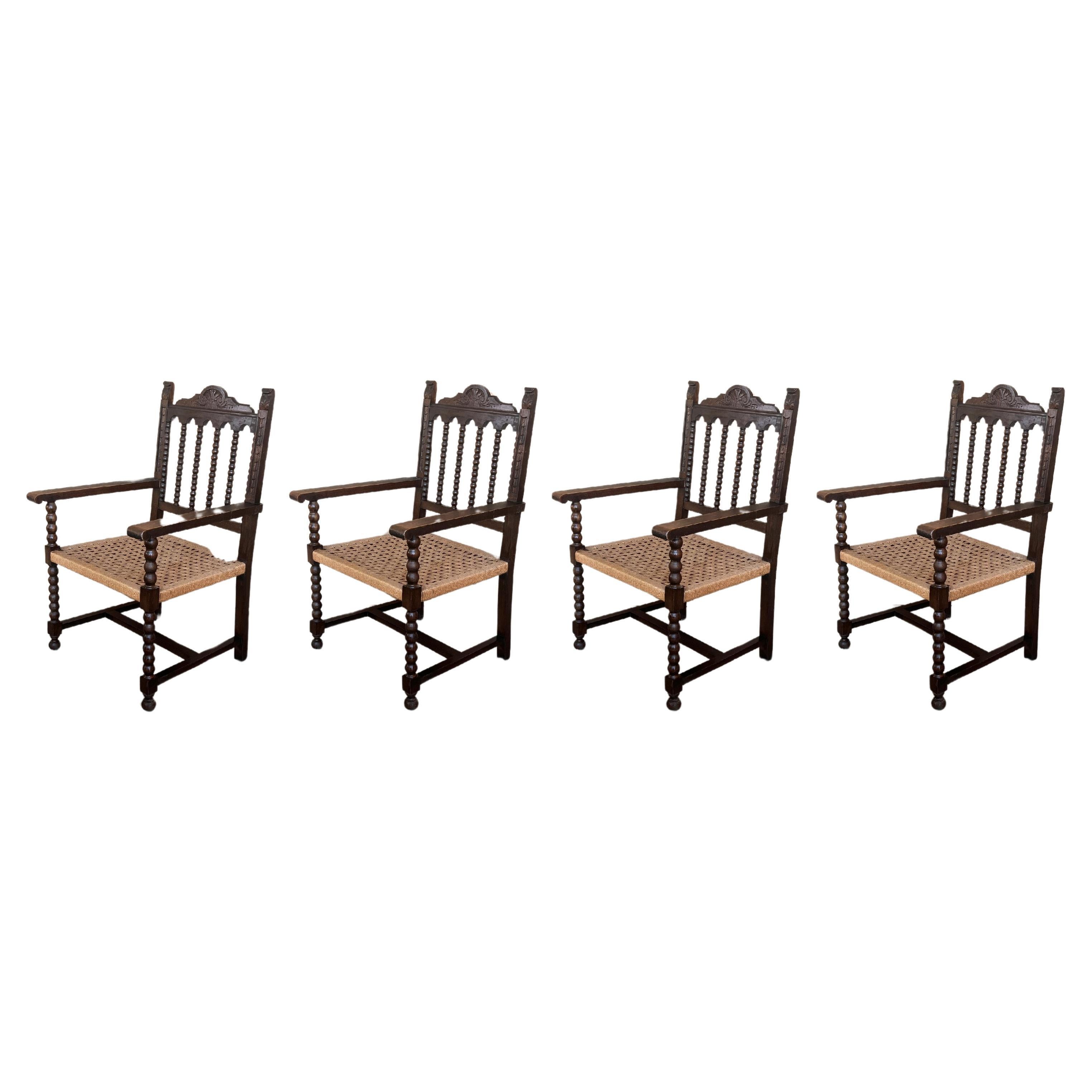 19th Century Spanish Colonial Altar Carved Armchairs with Cane Seat, Set of 4