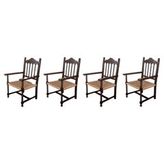 Antique 19th Century Spanish Colonial Altar Carved Armchairs with Cane Seat, Set of 4