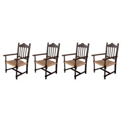 19th Century Spanish Colonial Altar Carved Armchairs with Cane Seat, Set of 4