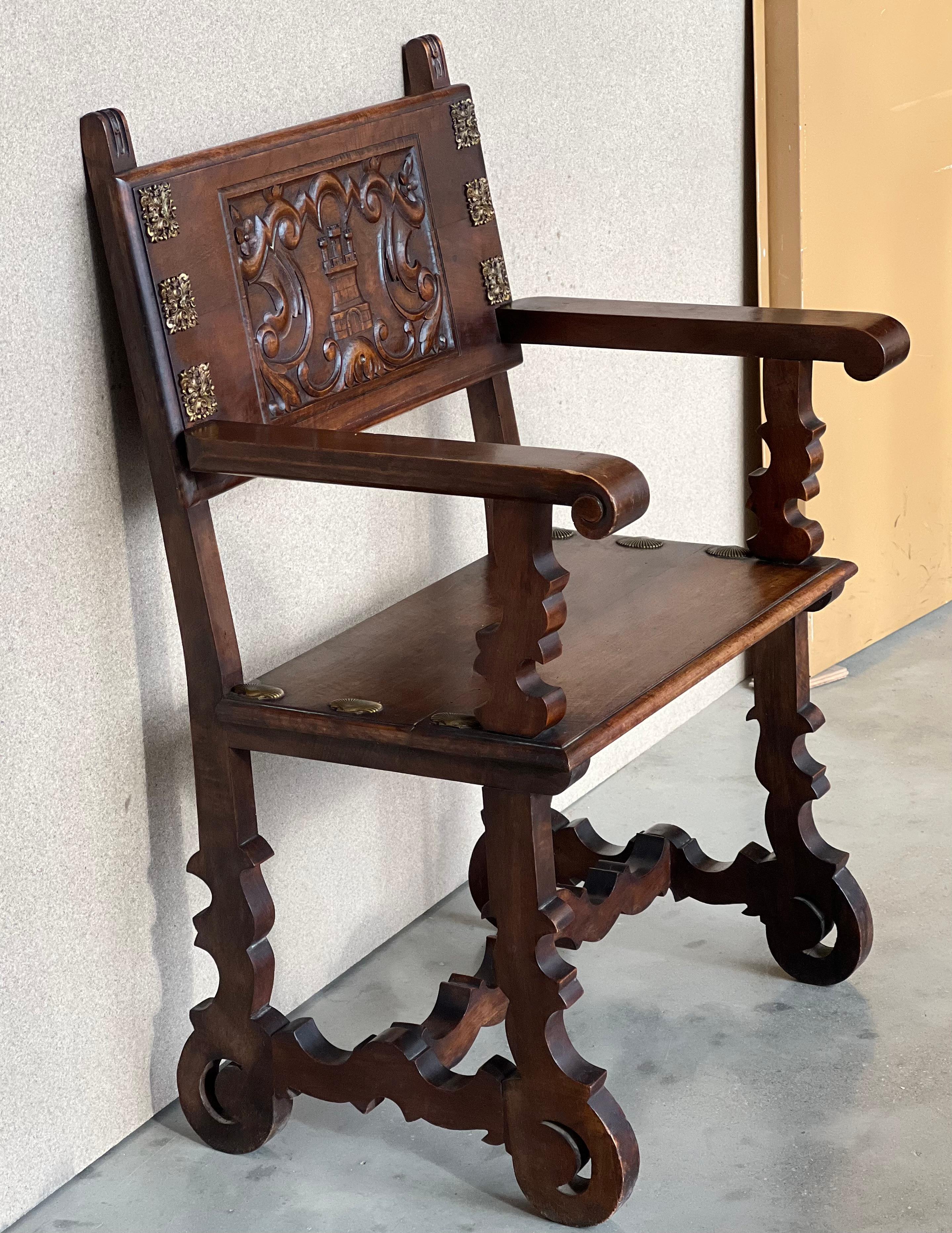 19th Century Spanish Colonial Altar Carved Armchairs with Wood Seat & Back In Good Condition For Sale In Miami, FL
