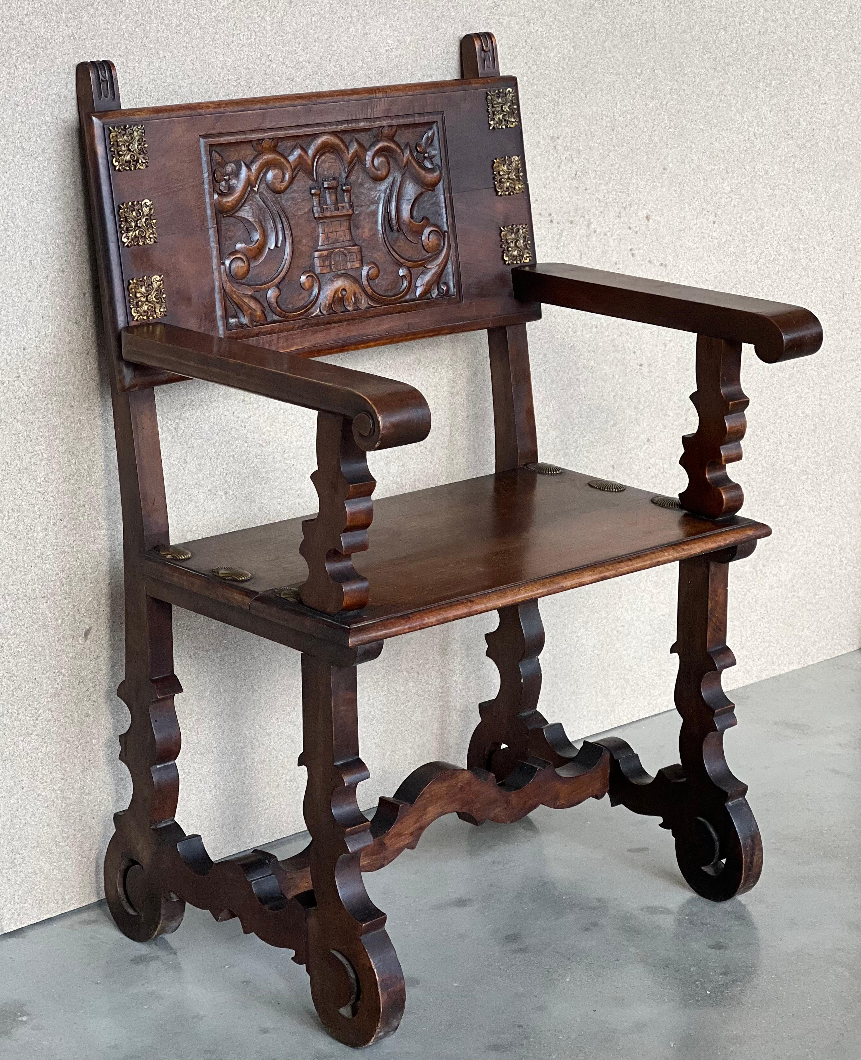 Walnut 19th Century Spanish Colonial Altar Carved Armchairs with Wood Seat & Back For Sale