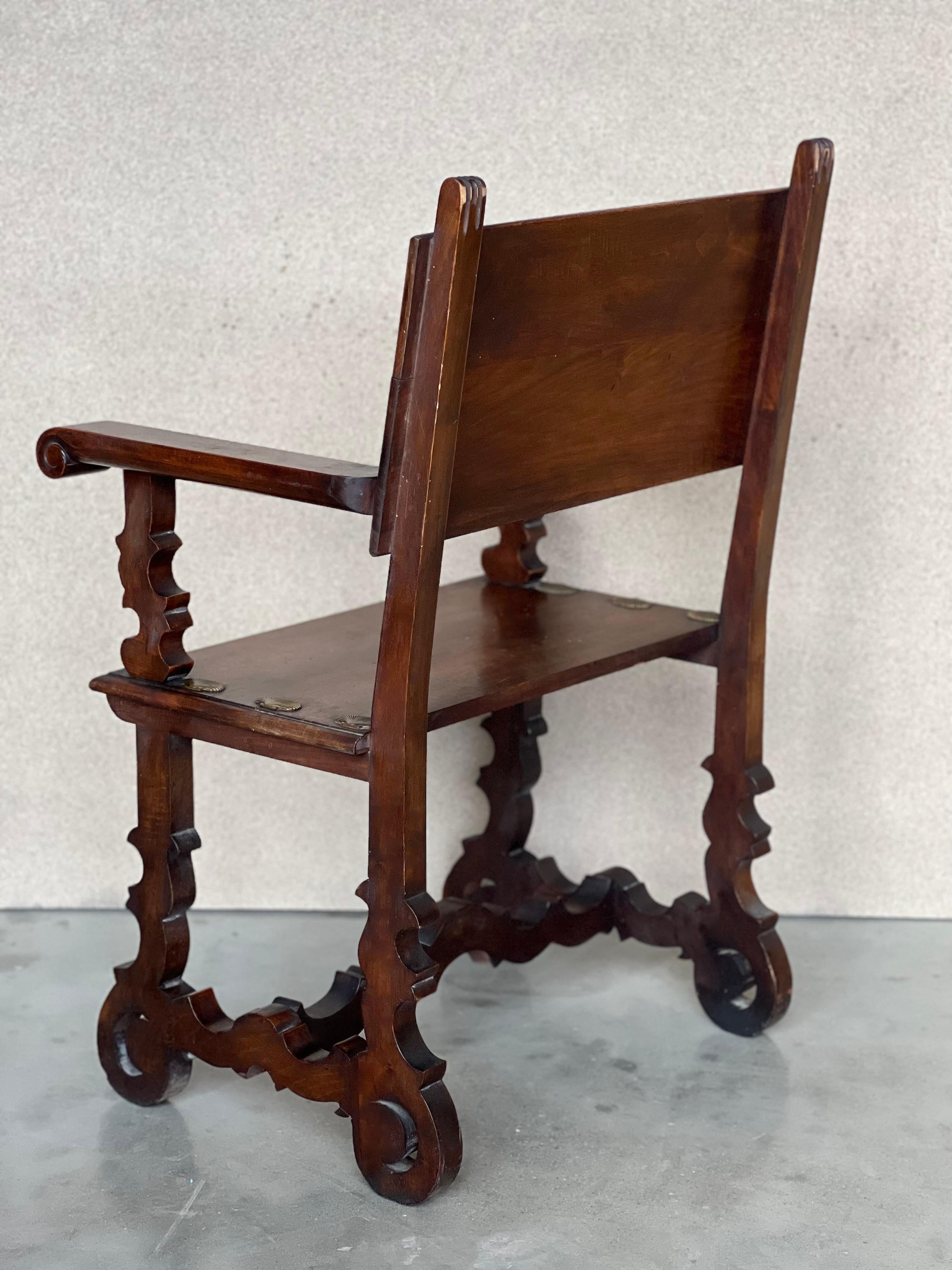 19th Century Spanish Colonial Altar Carved Armchairs with Wood Seat & Back For Sale 2