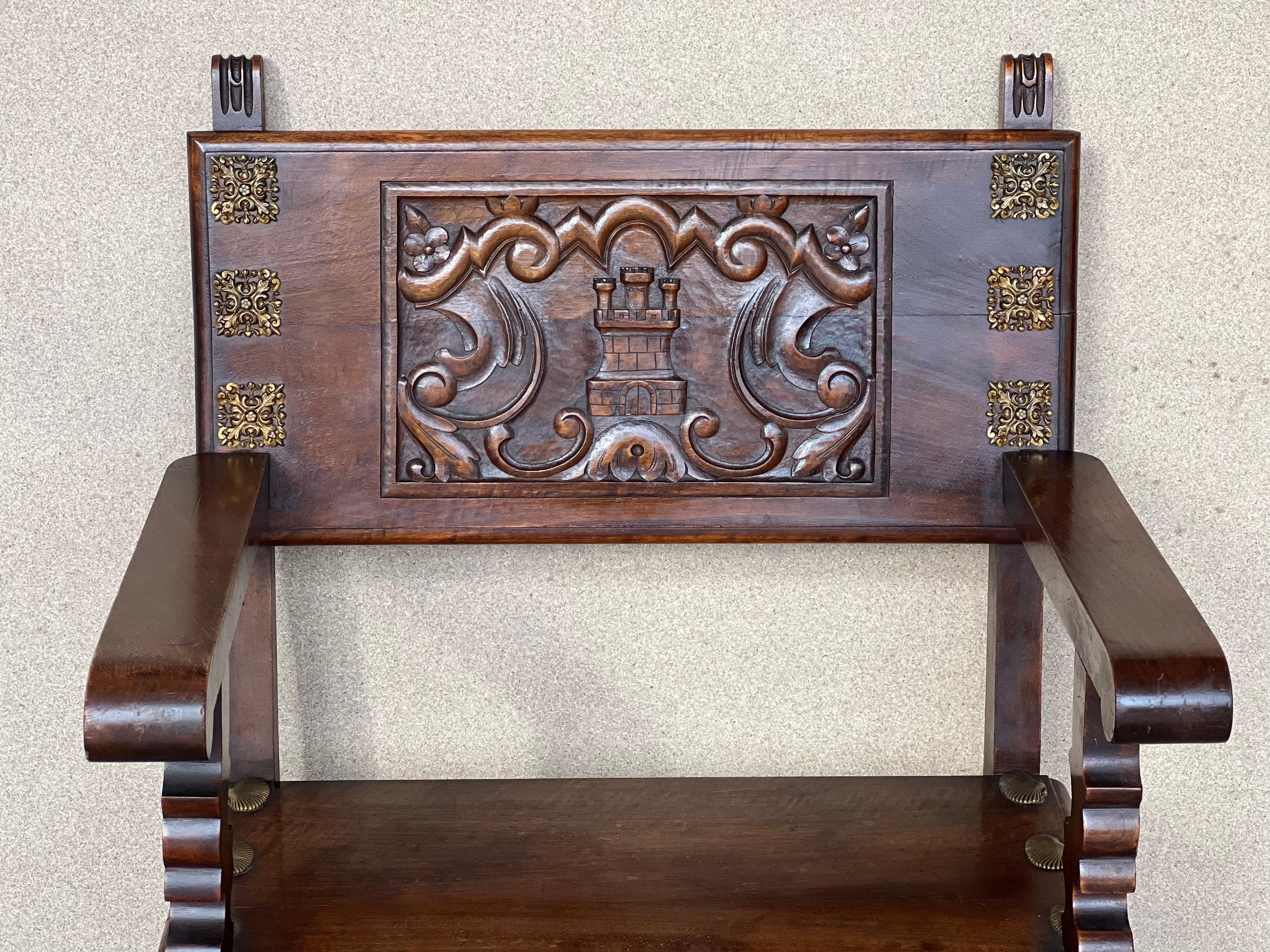 19th Century Spanish Colonial Altar Carved Armchairs with Wood Seat & Back For Sale 4