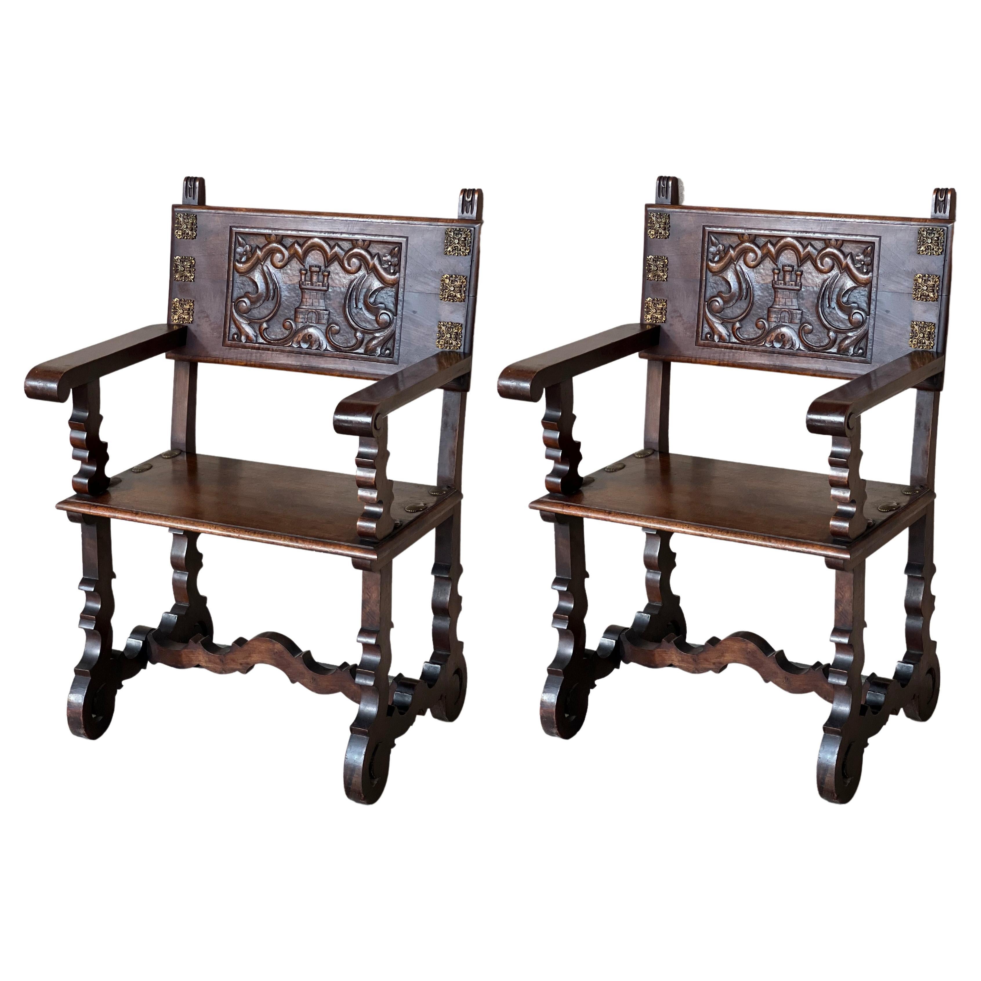 19th Century Spanish Colonial Altar Carved Armchairs with Wood Seat & Back For Sale