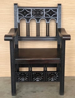 19th Century Spanish Colonial Altar Carved Armchairs with Wood Seat