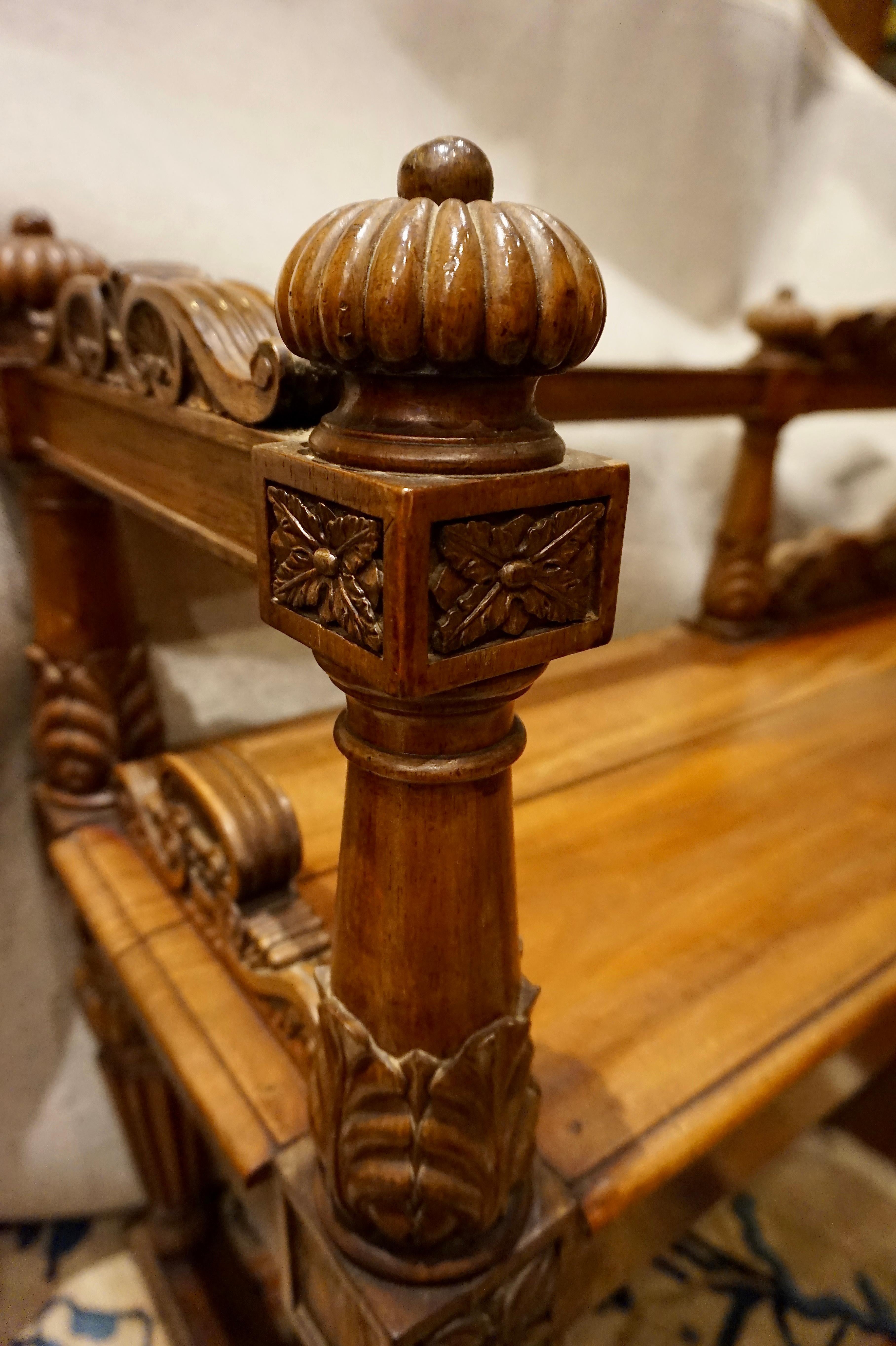 19th Century Spanish Colonial Carved Mahogany Bench 6