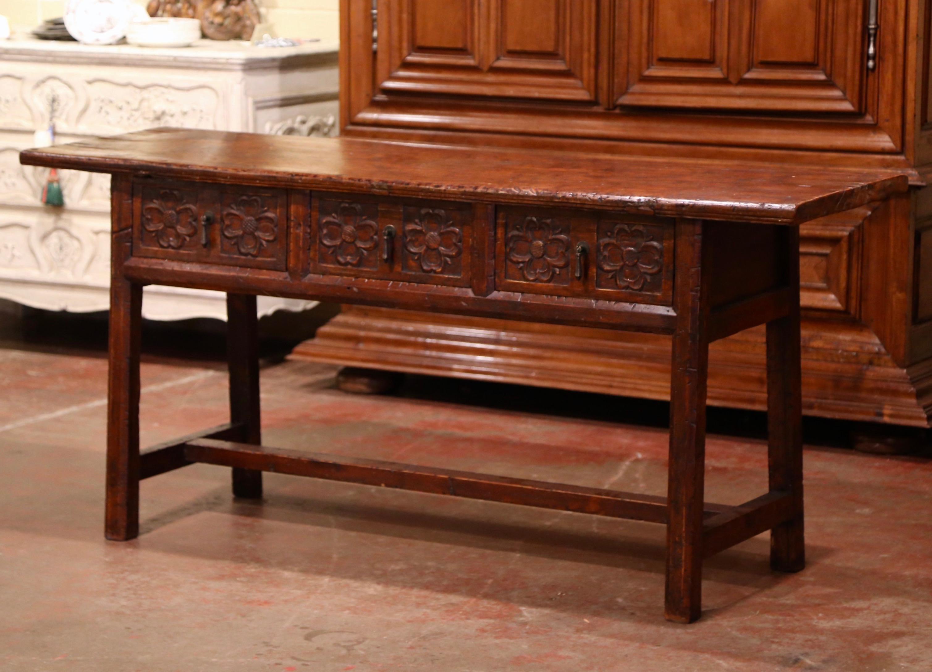 Patinated 19th Century Spanish Colonial Carved Walnut Console Table with Drawers