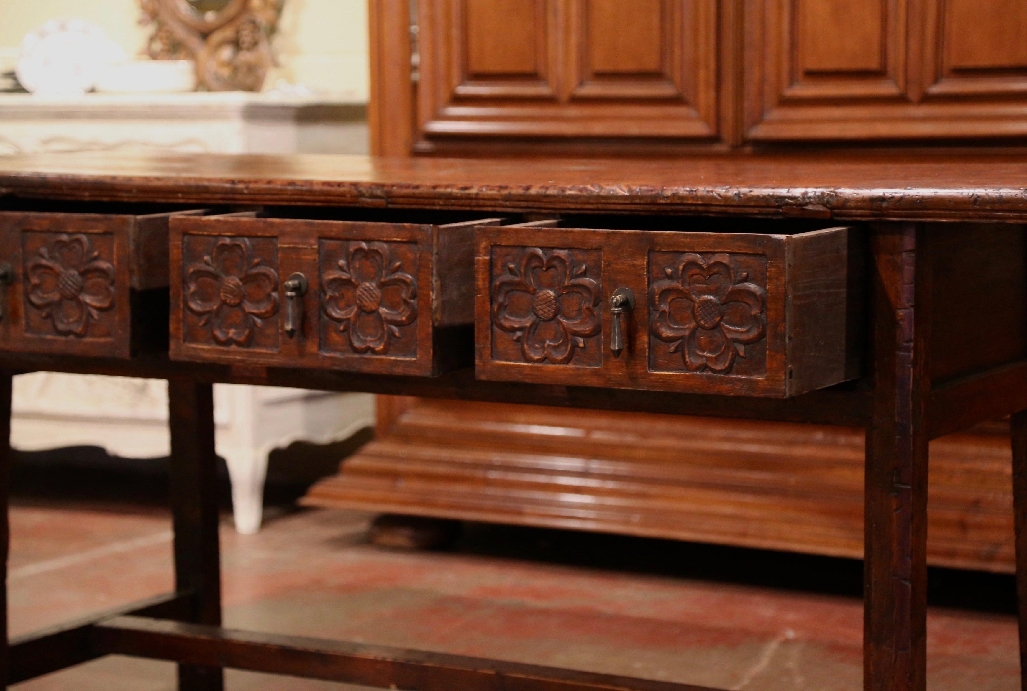 19th Century Spanish Colonial Carved Walnut Console Table with Drawers 1