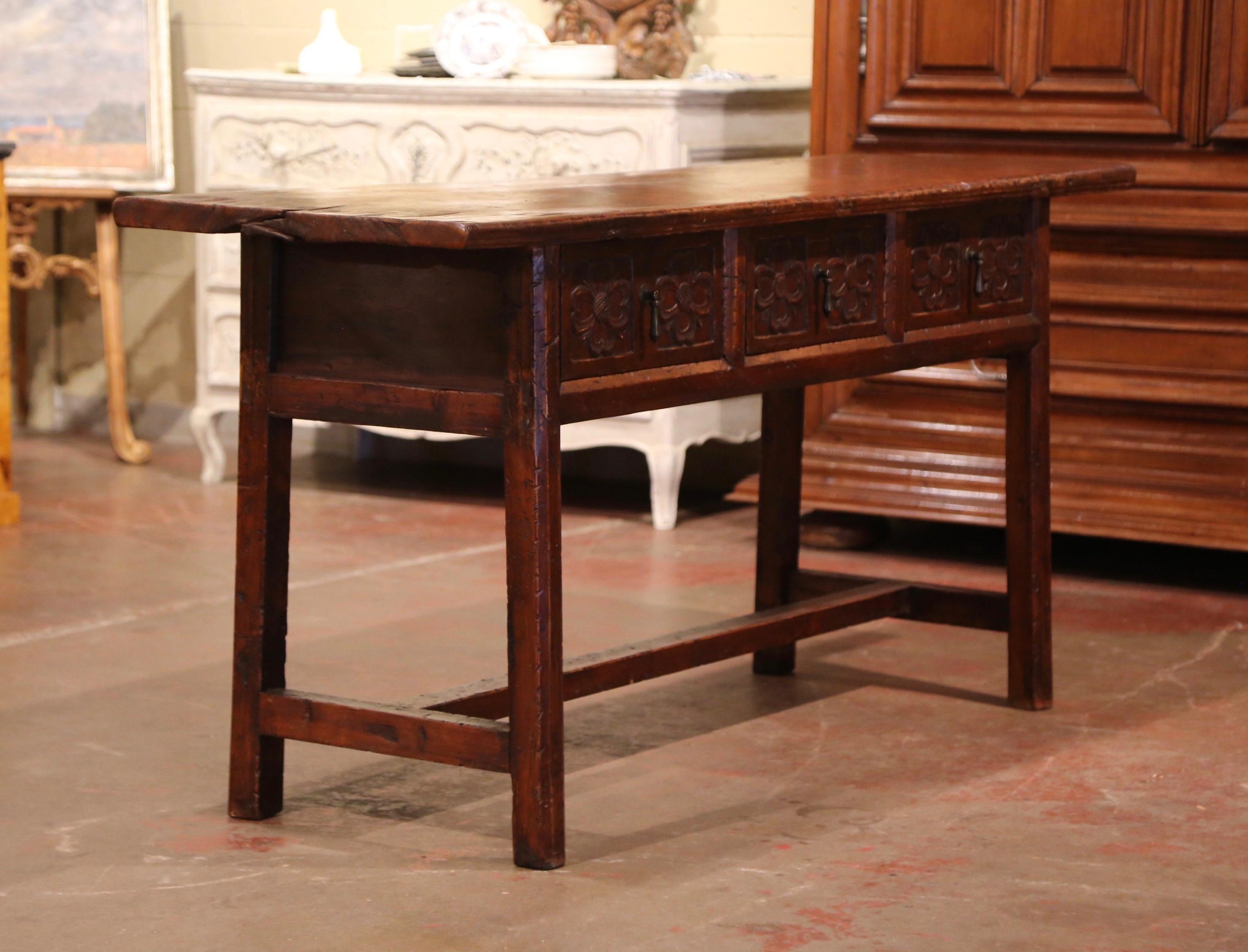 19th Century Spanish Colonial Carved Walnut Console Table with Drawers 3