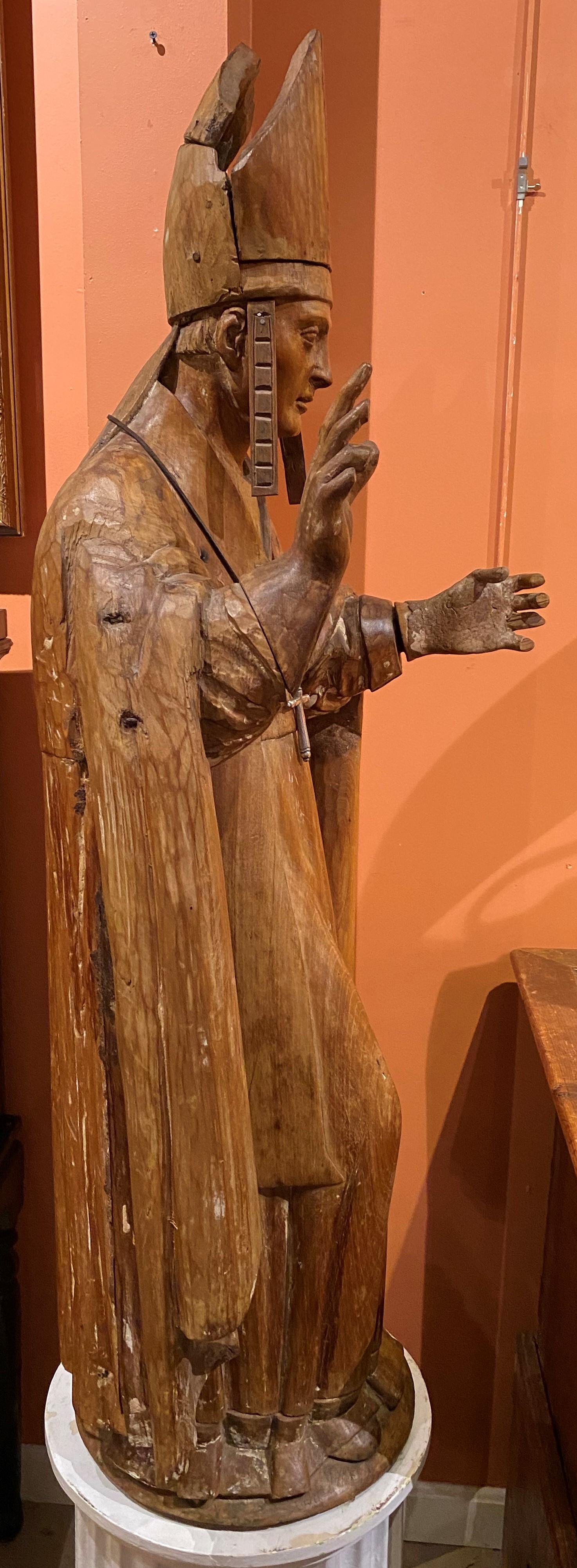 19th Century Spanish Colonial Carved Wooden Bishop Religious Figure In Good Condition For Sale In Milford, NH