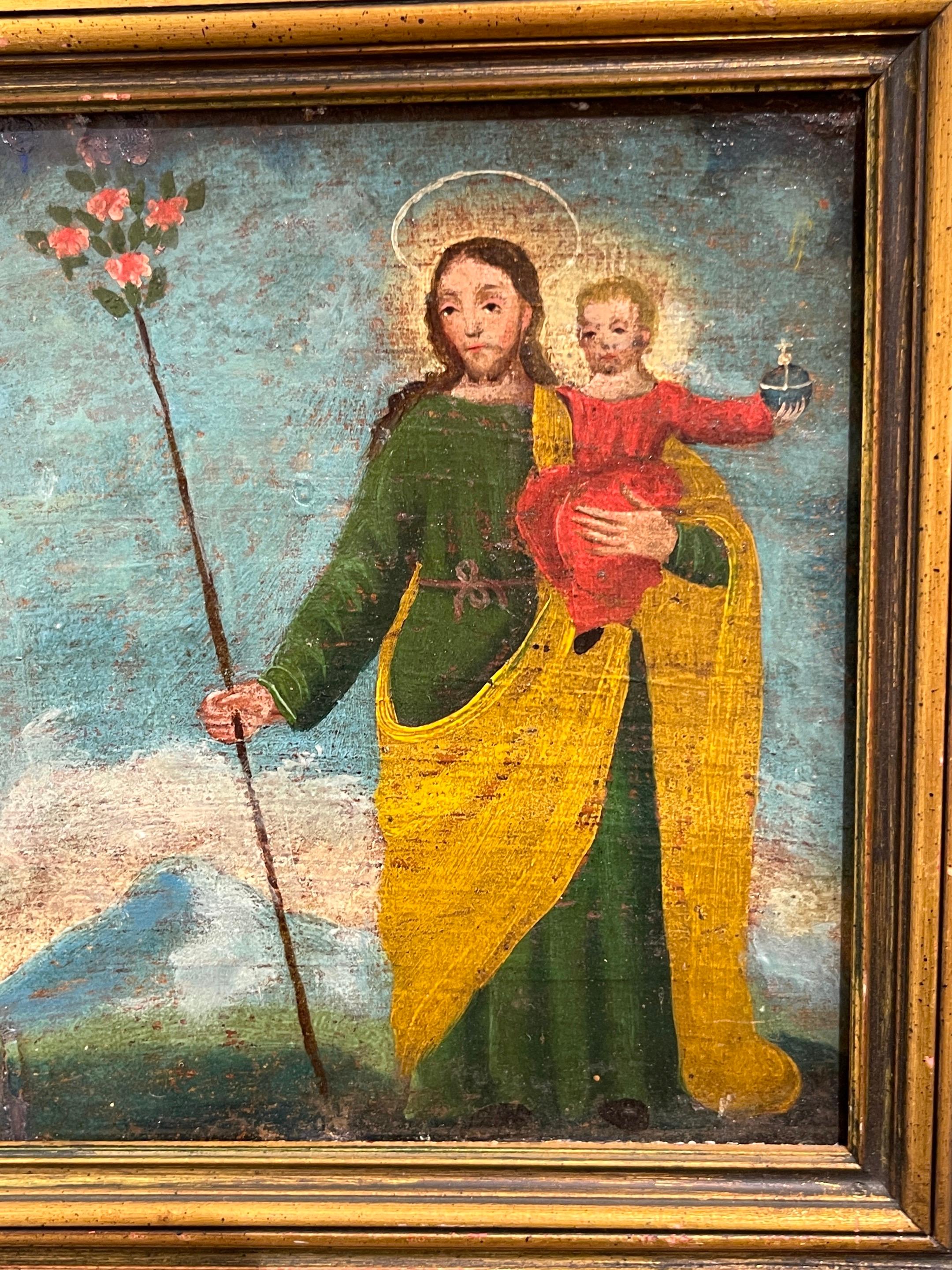 Velvet 19th Century Spanish Colonial Icon / Retablo Saint & Christ & Child Landscape
