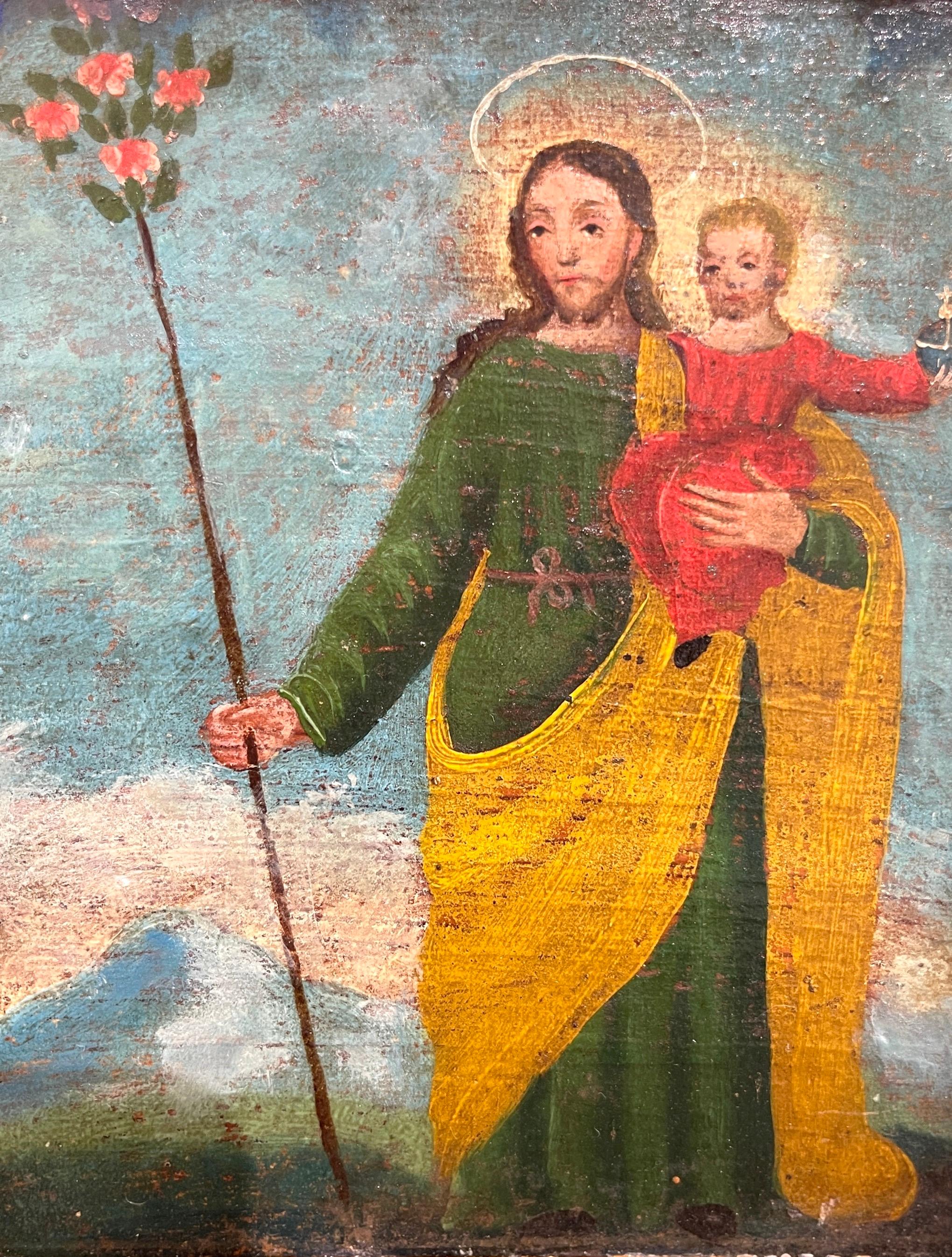 19th Century Spanish Colonial Icon / Retablo Saint & Christ & Child Landscape 2