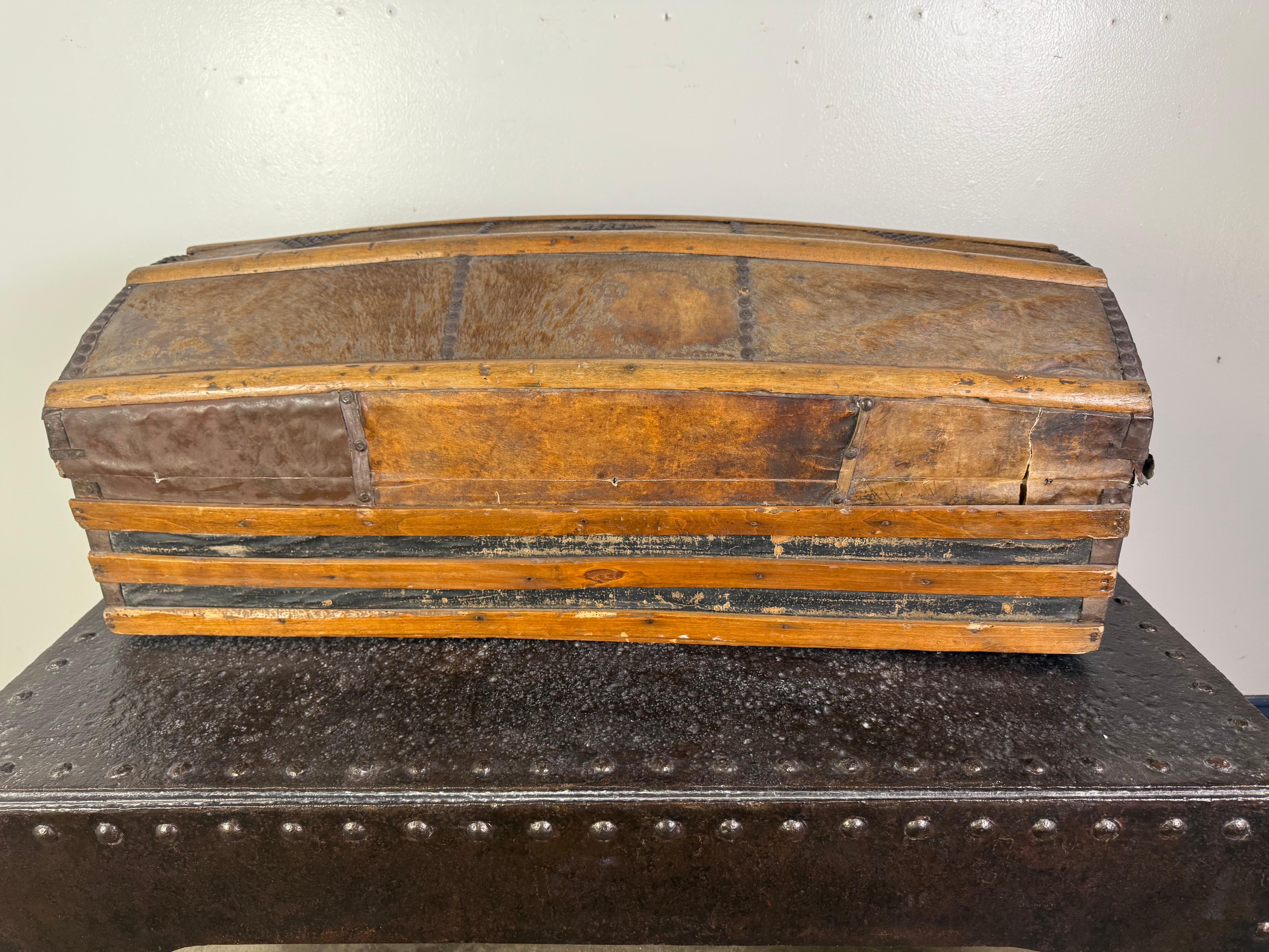 19th Century Spanish Colonial Leather Dome Trunk with Studded Decoration For Sale 9