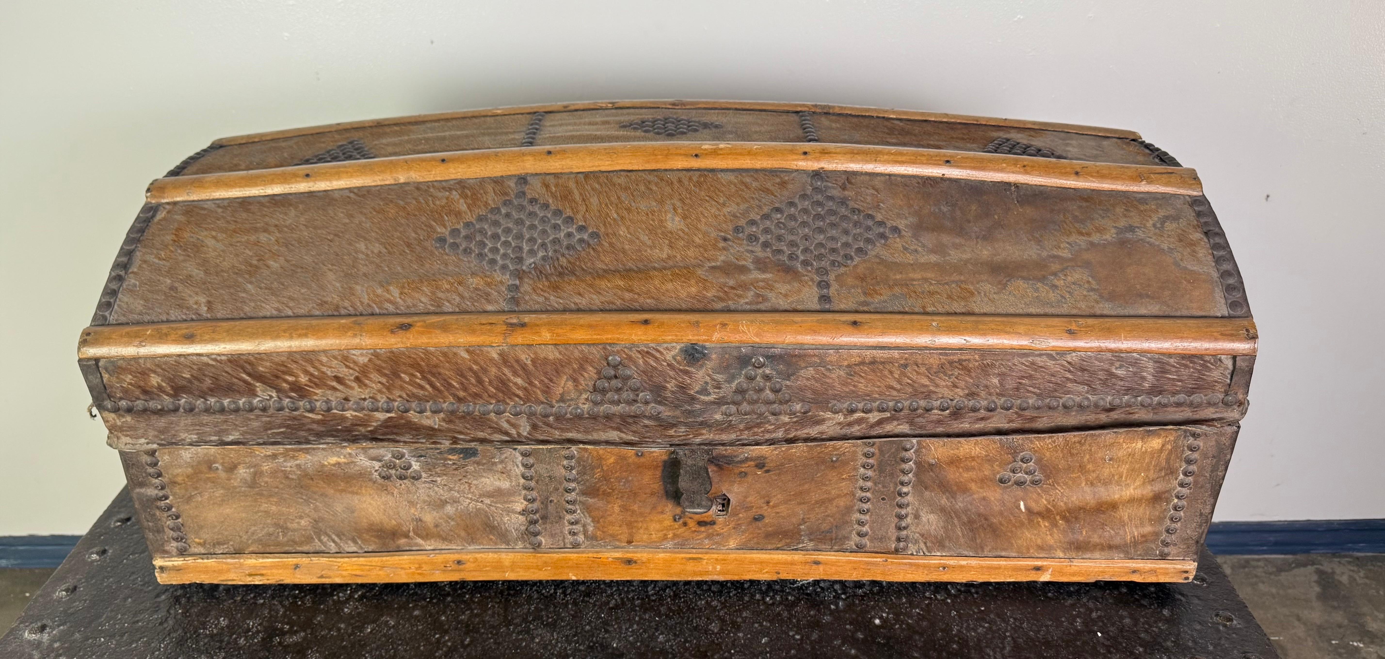 A rare and character-filled Spanish Colonial dome-top trunk, late 19th century, clad in original hair-on cowhide with geometric patterns formed from decorative metal studs. The rich, organic texture of the hide is framed by carved wood trim,