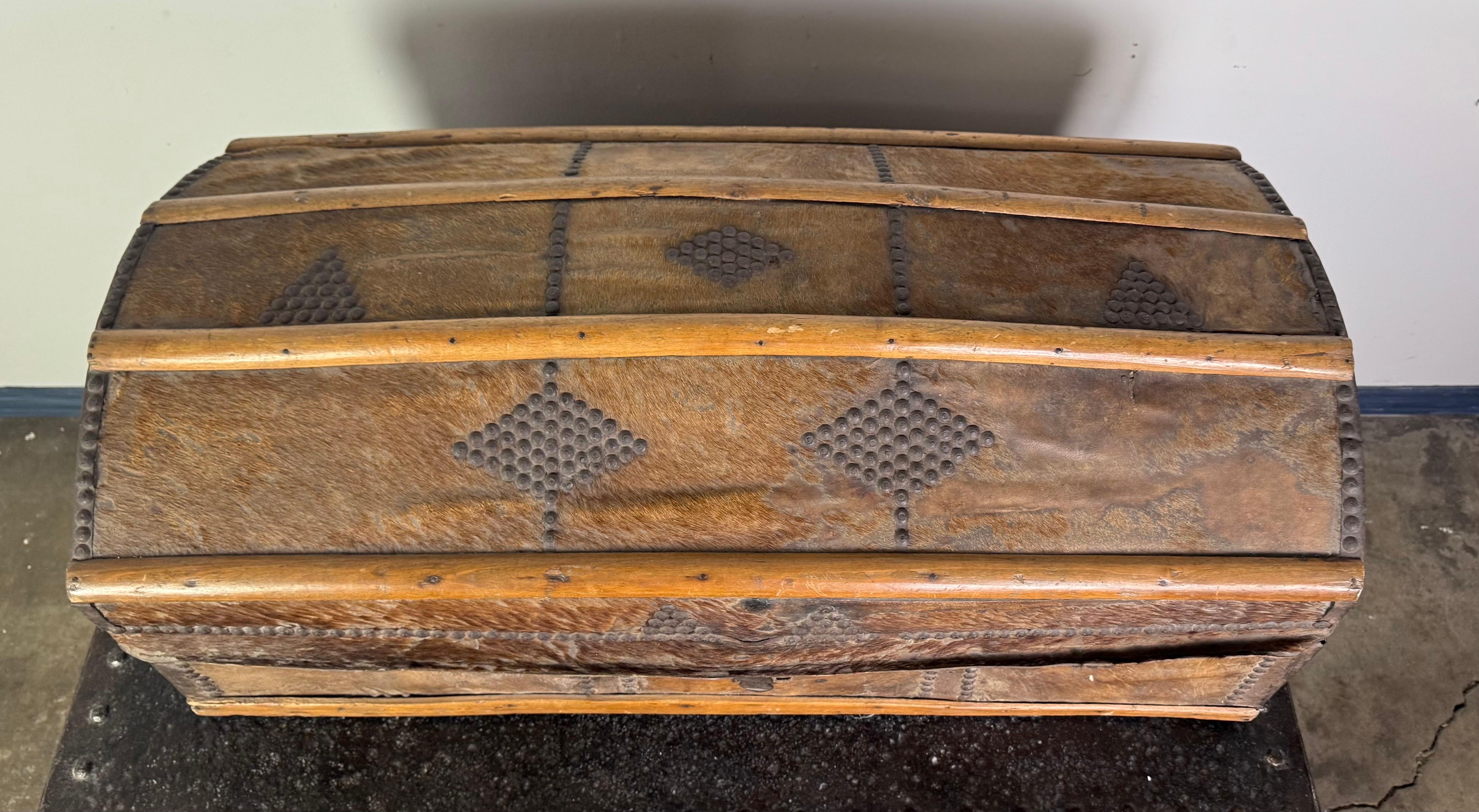 Cowhide 19th Century Spanish Colonial Leather Dome Trunk with Studded Decoration For Sale
