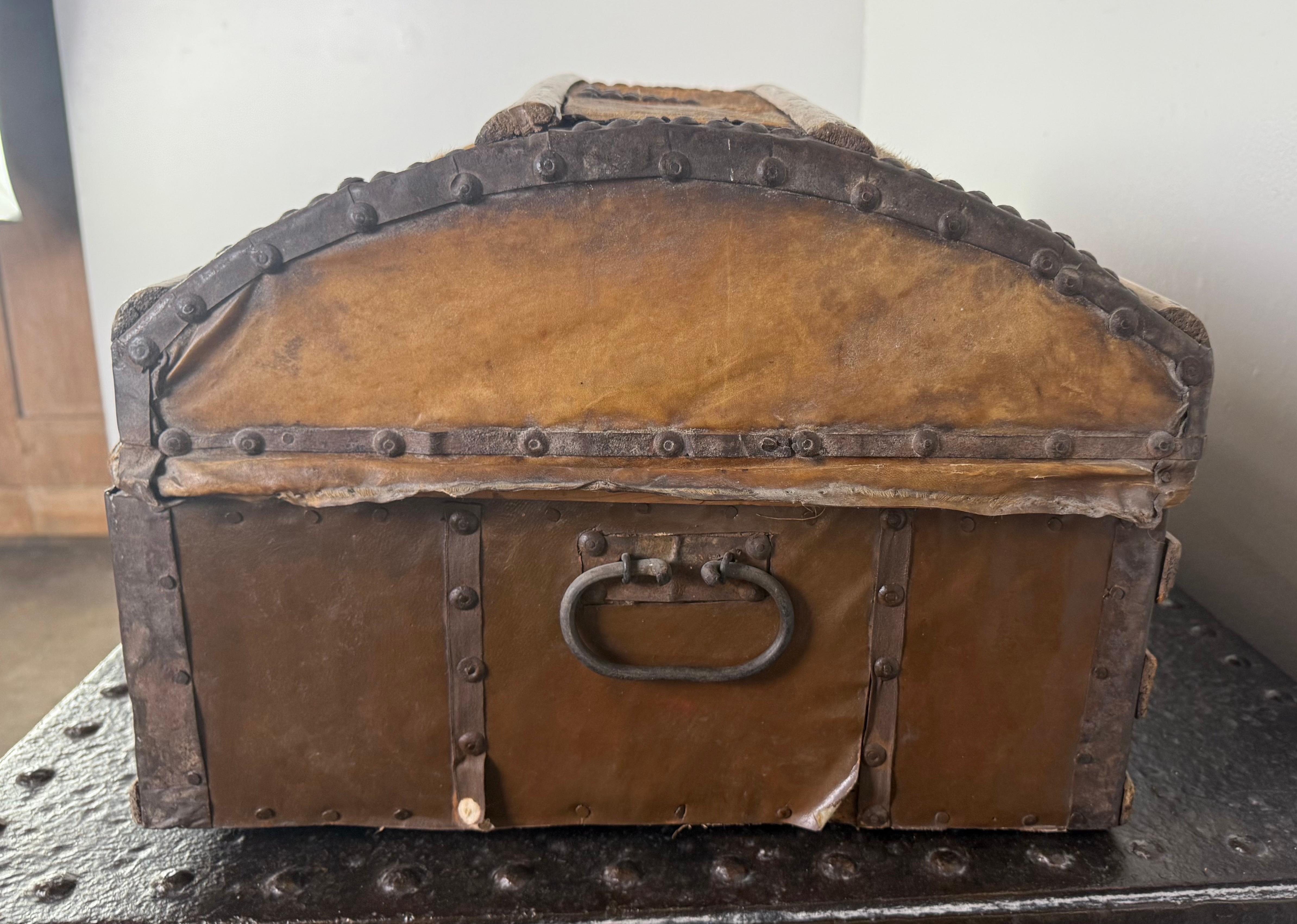 19th Century Spanish Colonial Leather Dome Trunk with Studded Decoration For Sale 3