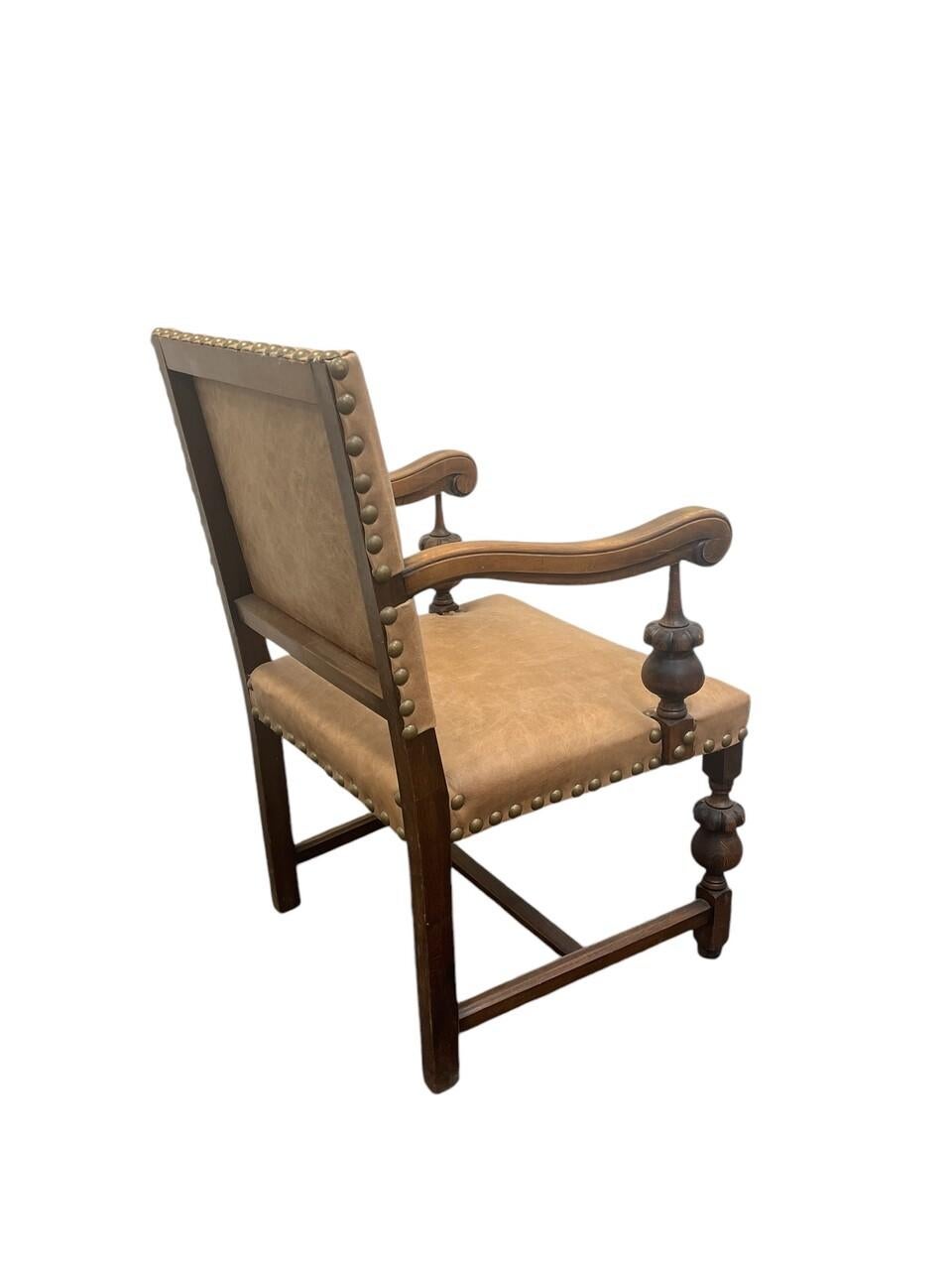19th Century Spanish Colonial Leather Upholstered Armchair
Beautiful handmade chair, nice carving and turned legs with new leather and large nail head trim