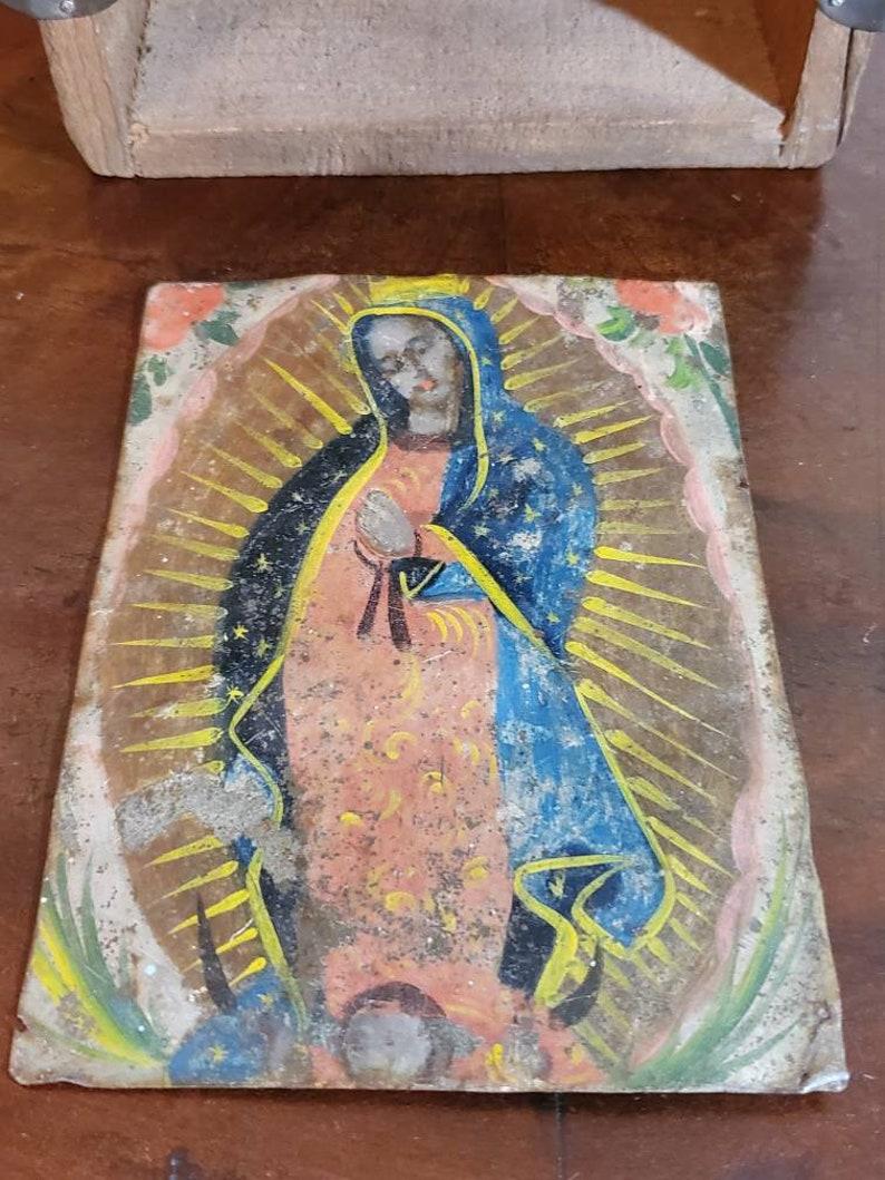 Hand-Crafted 19th Century Spanish Colonial Our Lady of Guadalupe Retablo For Sale