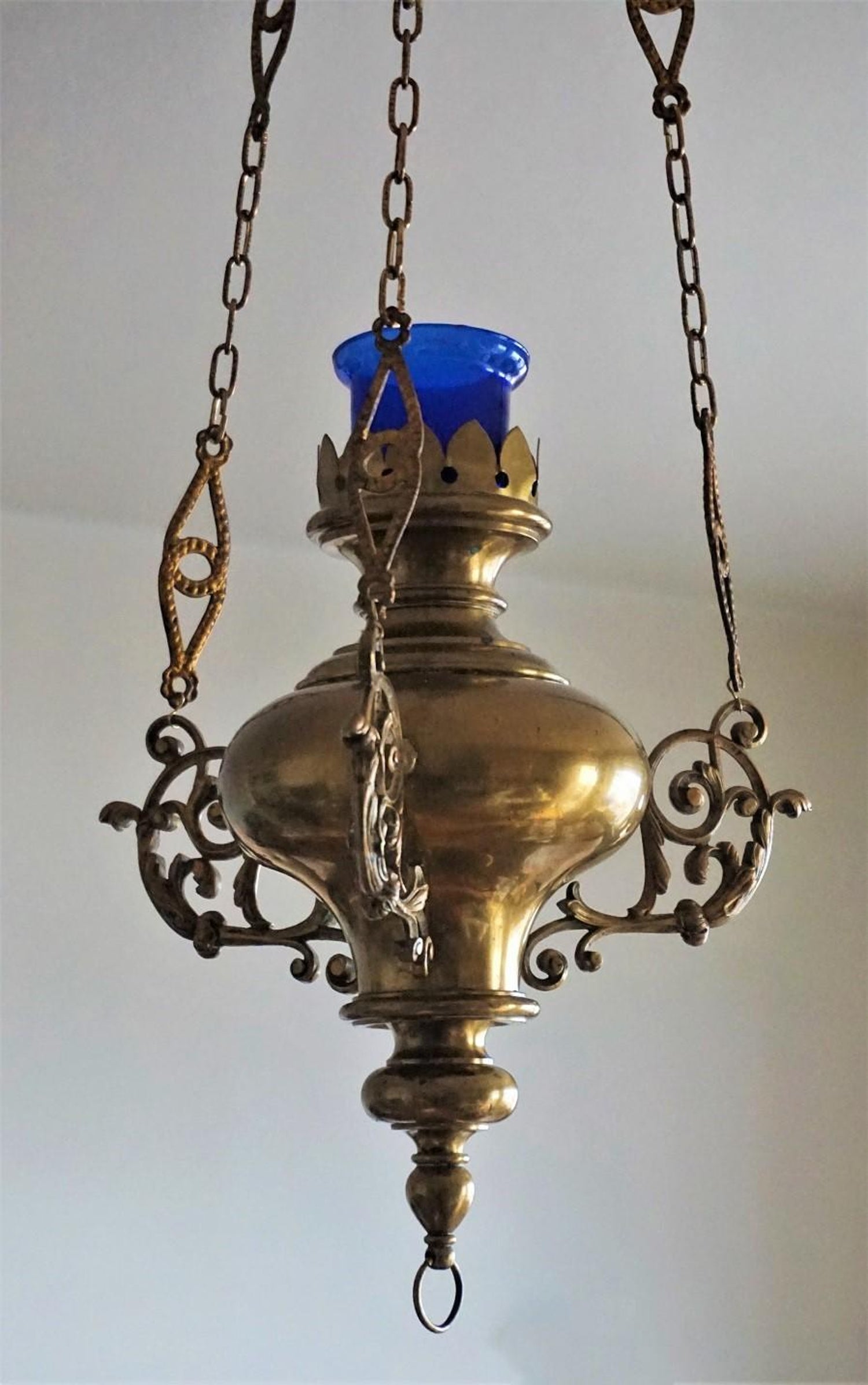19th Century Spanish Colonial Style Brass Hanging Sanctuary Lamp Church Pendant