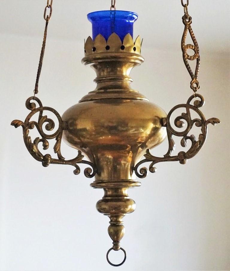 19th Century Spanish Colonial Style Brass Hanging Sanctuary Lamp, Church Pendant 1