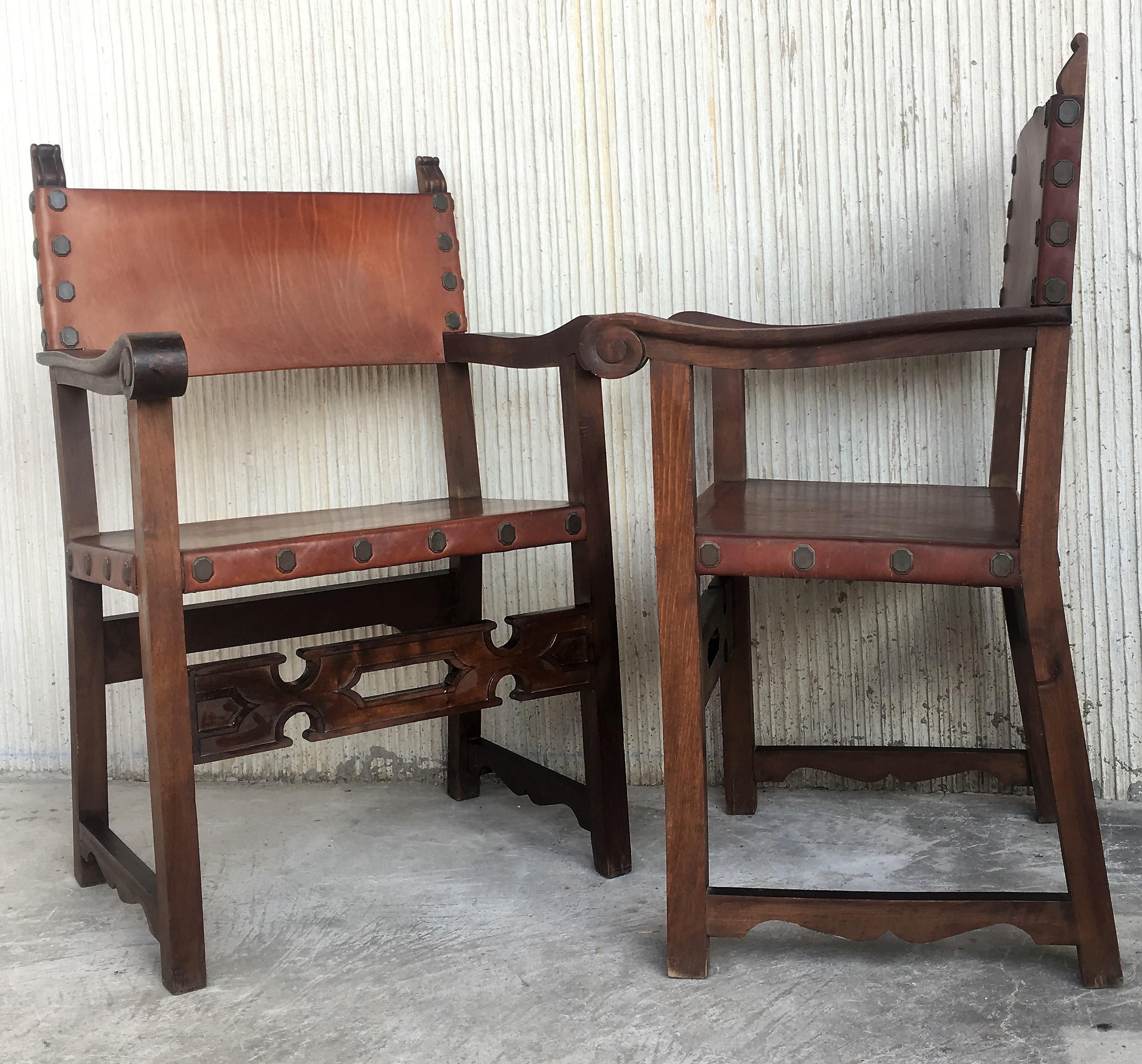 19th Century Spanish Colonial Style Carved Armchairs with Leather 1