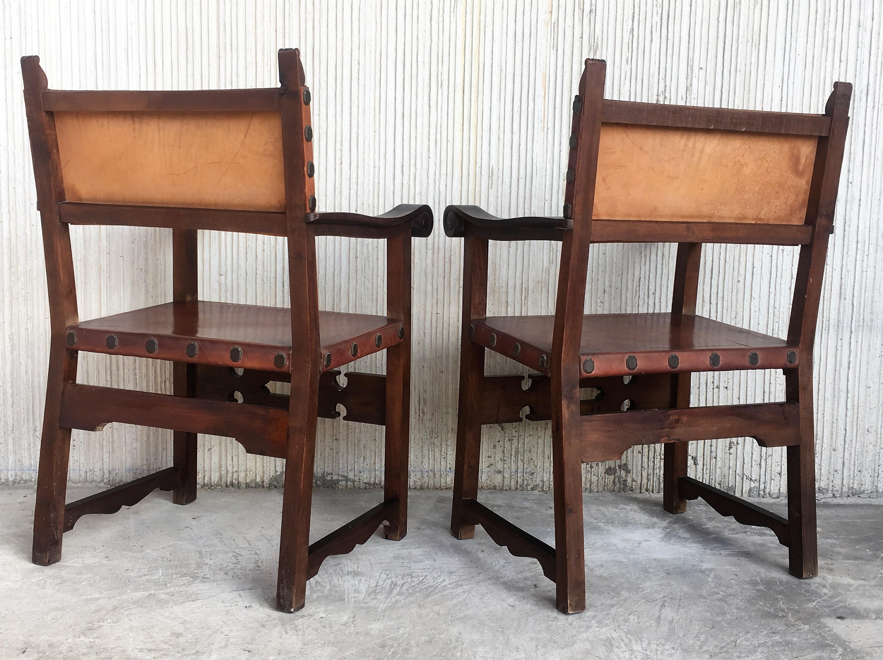 19th Century Spanish Colonial Style Carved Armchairs with Leather 2