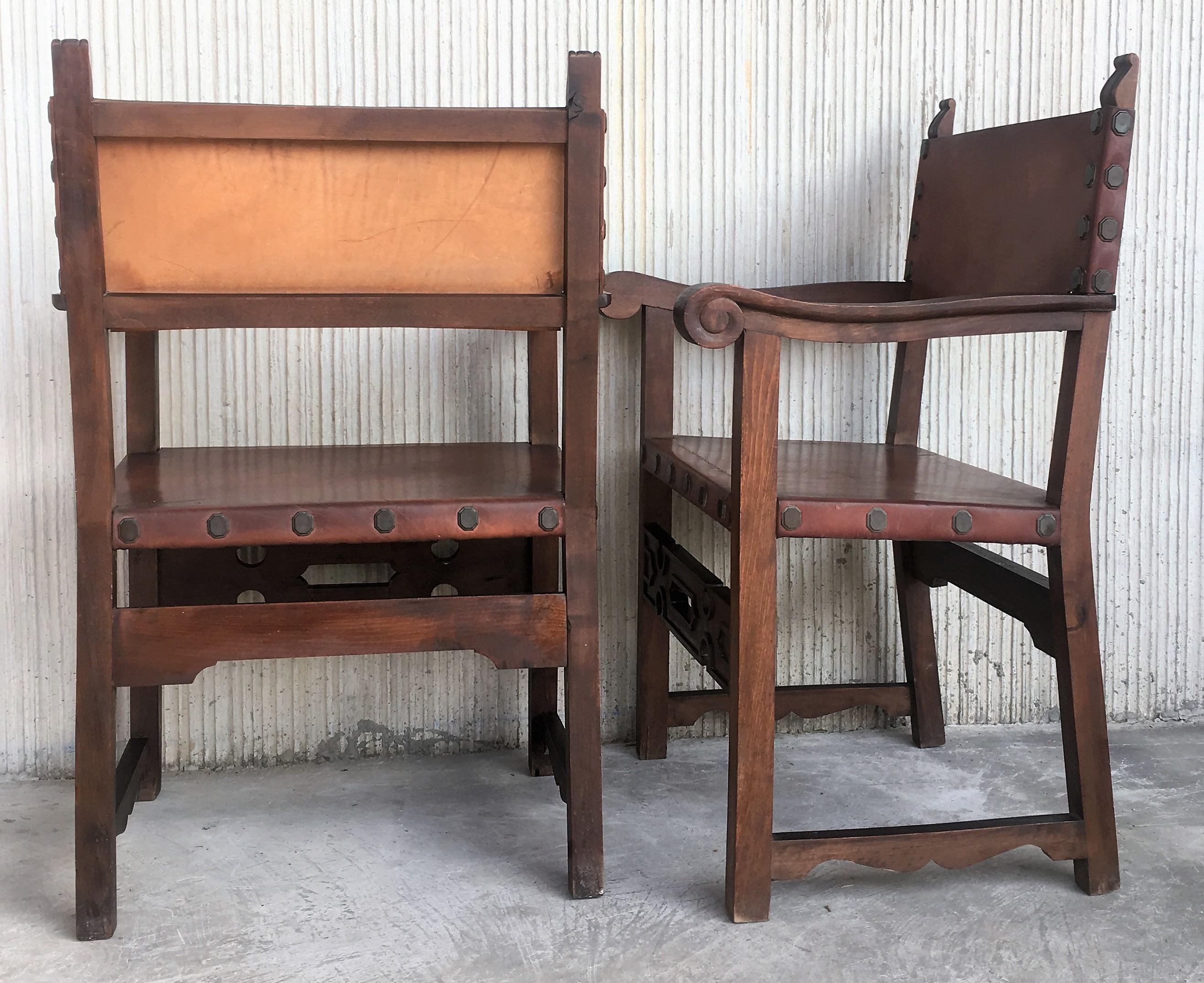 19th Century Spanish Colonial Style Carved Armchairs with Leather 3