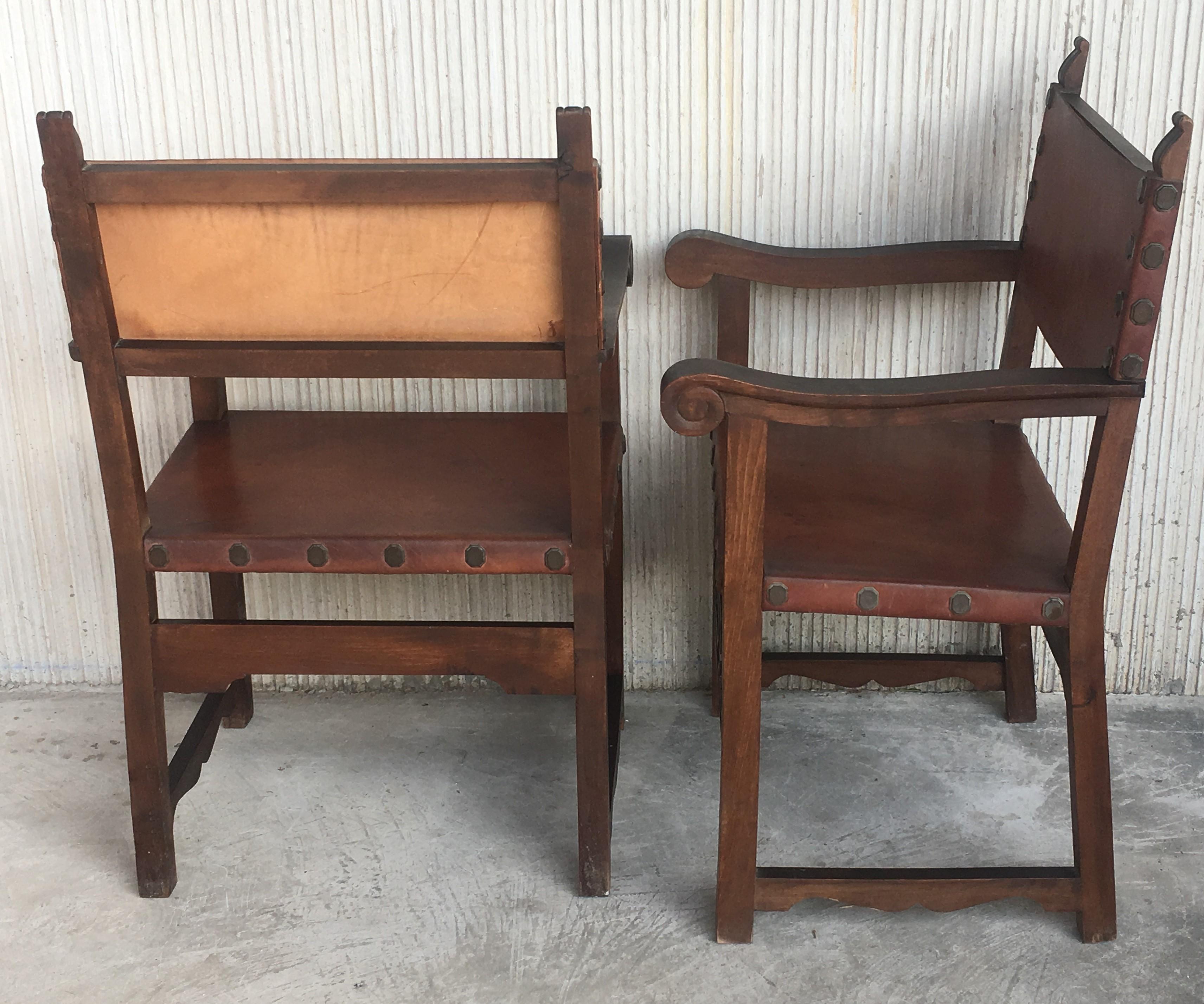 19th Century Spanish Colonial Style Carved Armchairs with Leather 4