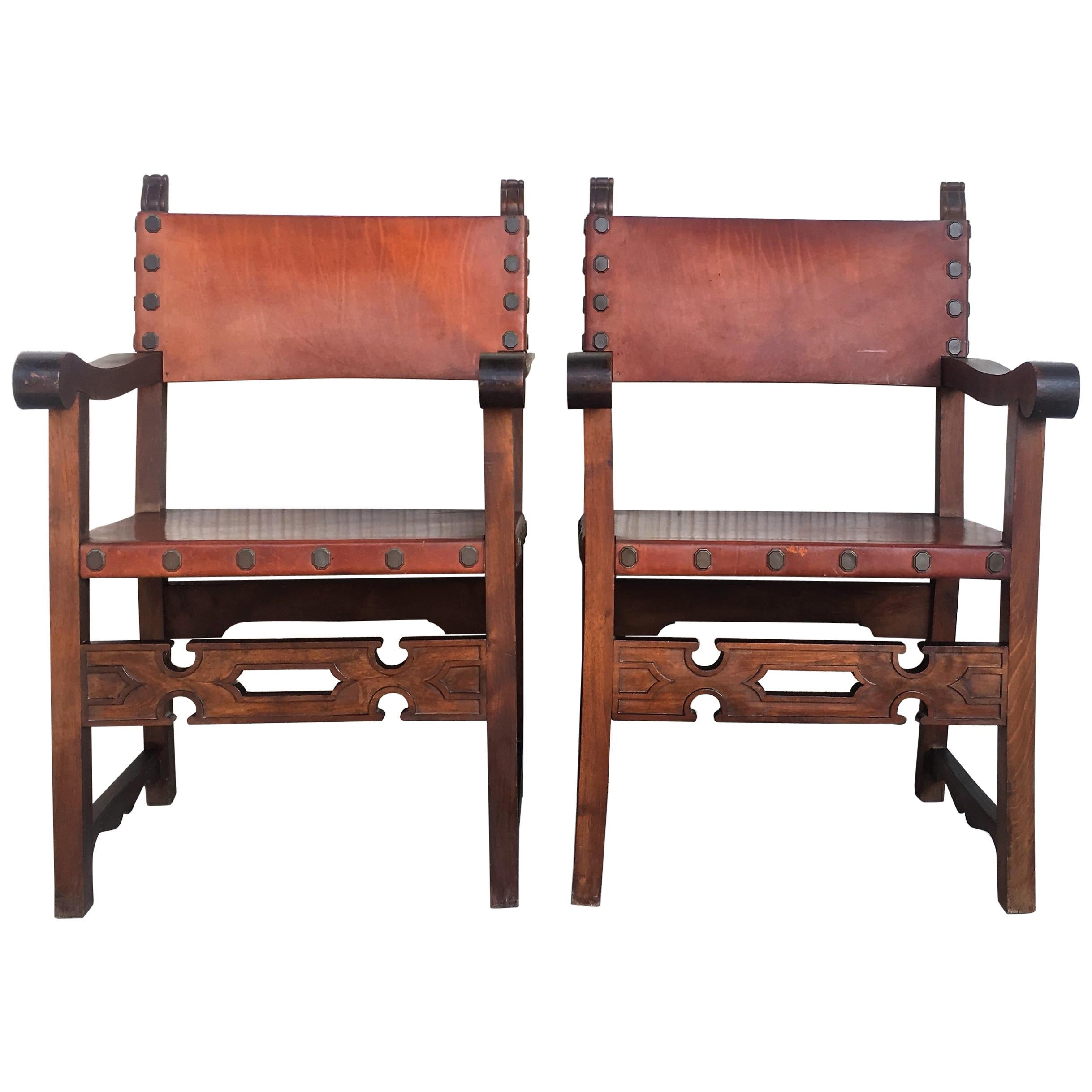 19th Century Spanish Colonial Style Carved Armchairs with Leather